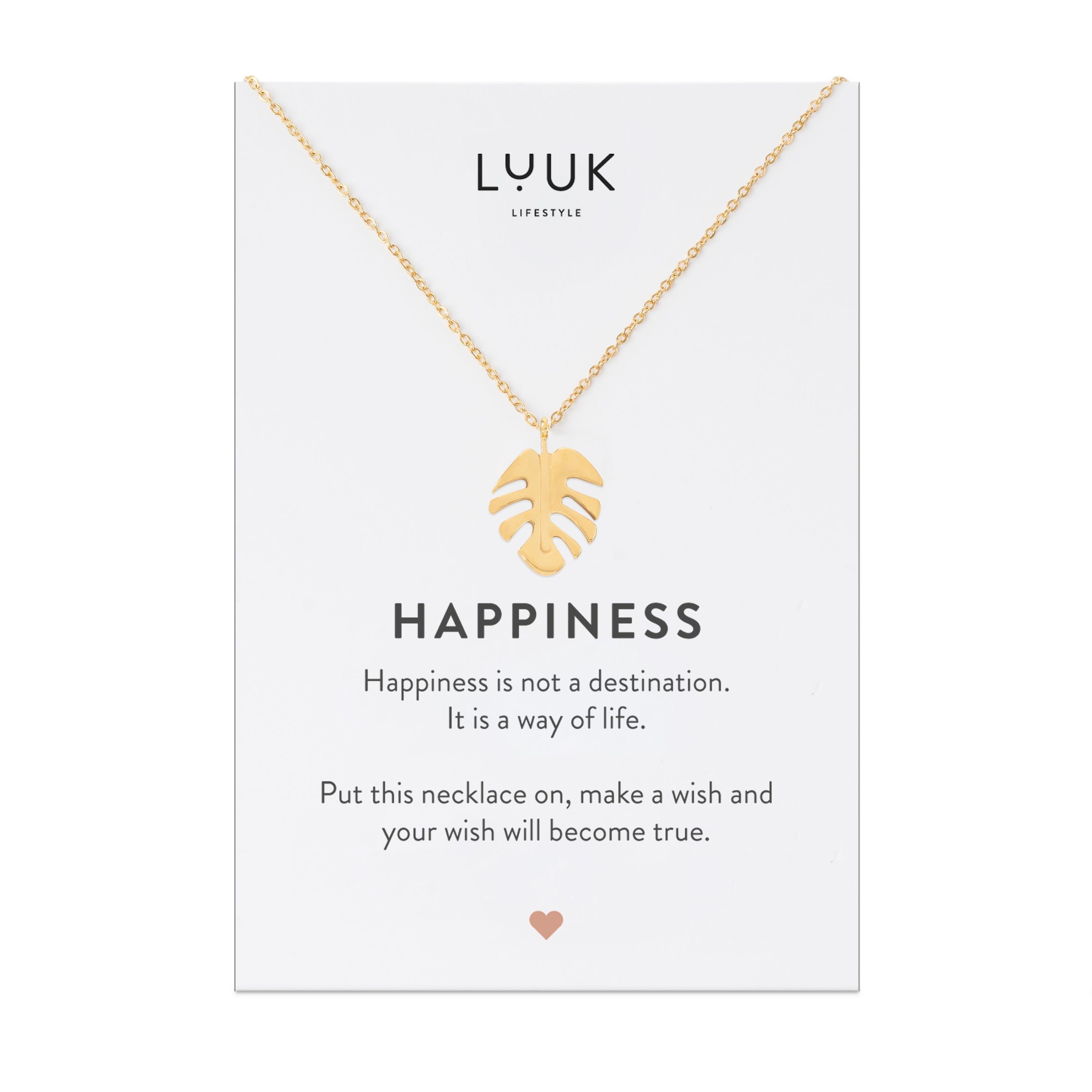 LUUK LIFESTYLE Kette mit Anhänger Monstera, mit Monstera Blatt Anhänger, HAPPINESS Geschenkkarte Gold