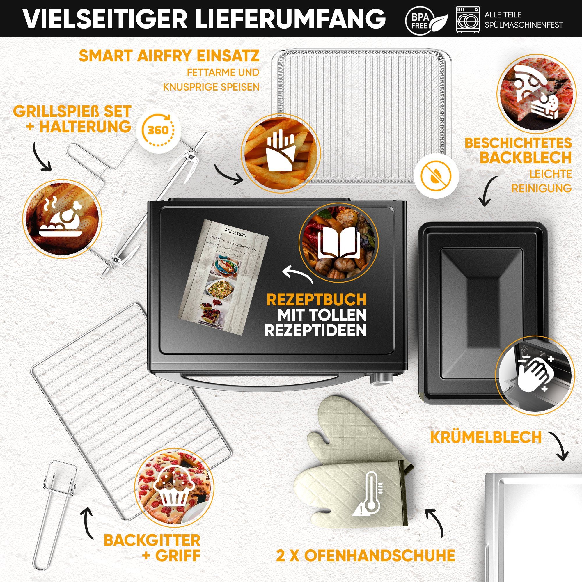 Stillstern Minibackofen MB25-MX 2G (25L) Deutsche Version, Ofenhandschuhe, Rezeptheft, Drehspieß, Timer, Innenbeleuchtung – Bild 3 von 5