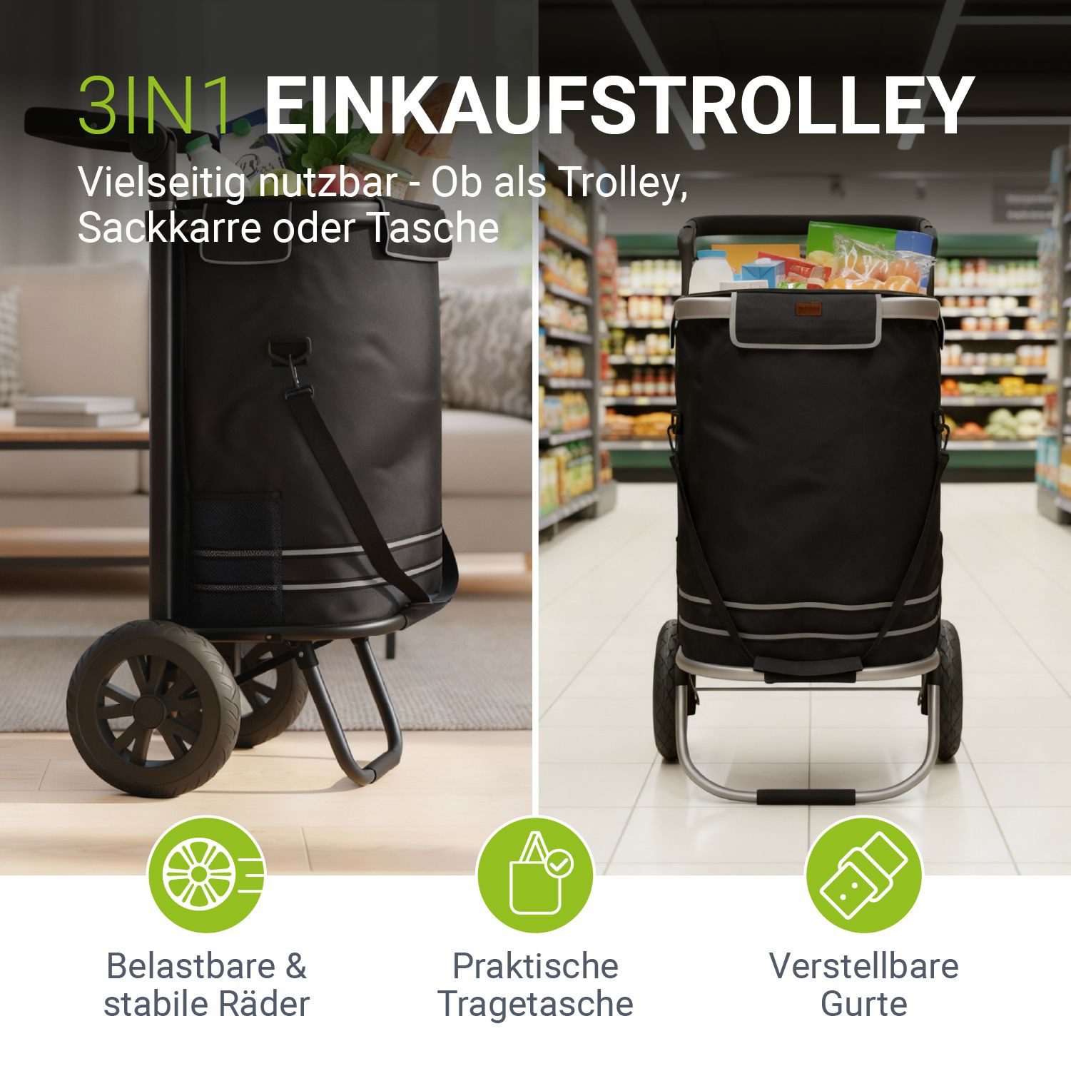 Juskys Einkaufstrolley 3in1, 56 l, mit 2 Rollen und Kühlfach, klappbar und modern, auch als Sackkarre