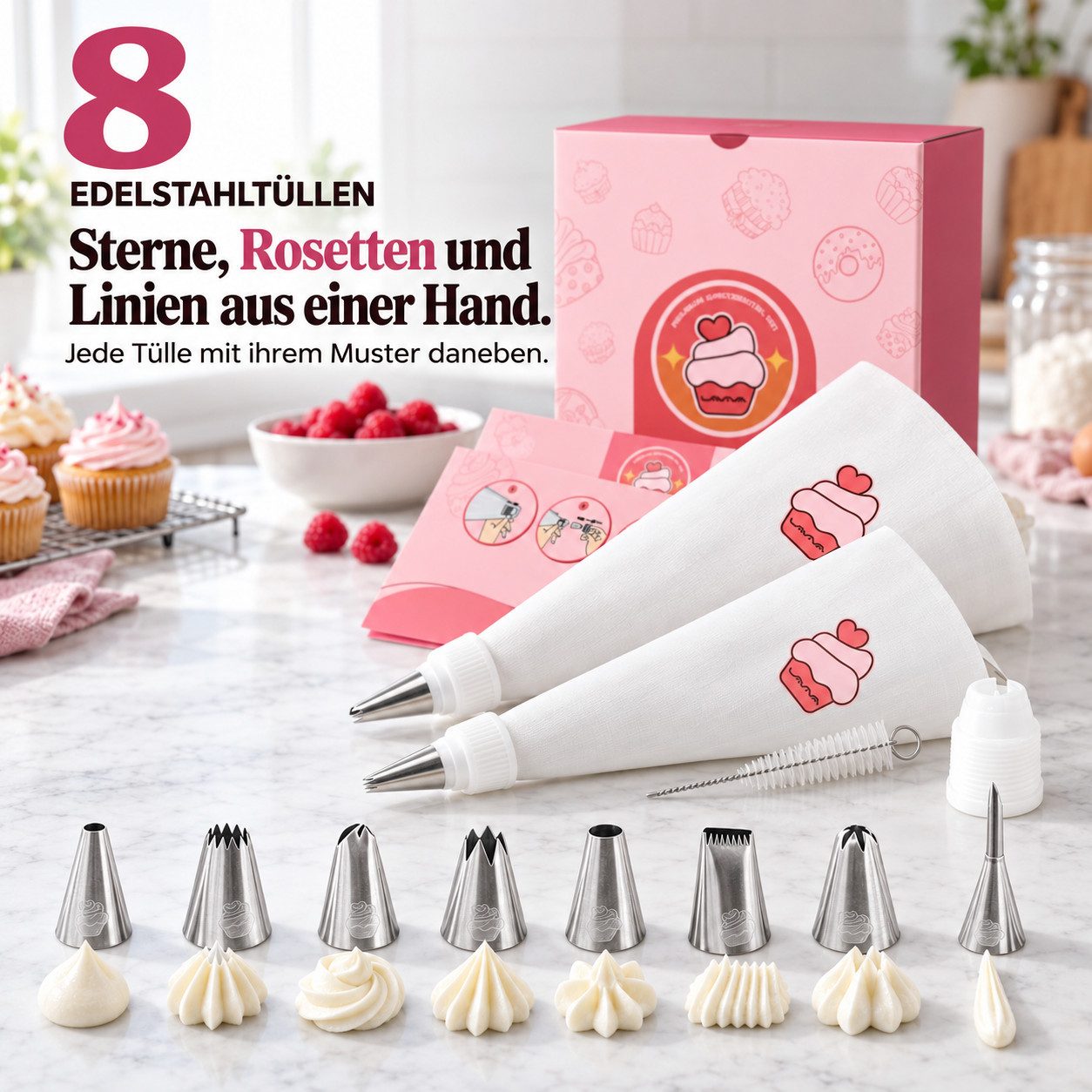 Onbest Spritzbeutel Set 14-tlg. Torten Kuchen Cupcakes Back Zubehör Set (12-tlg) Edelstahl Tülle, 2x Baumwolle Beutel, Geschenk Set fürs Backen – Bild 3 von 5