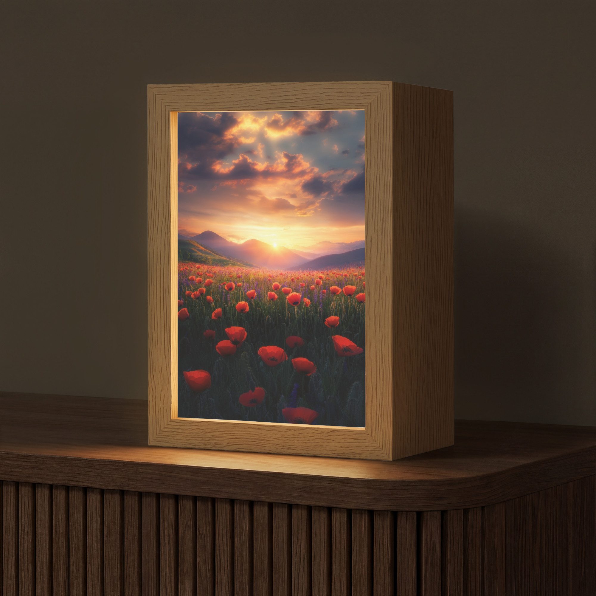 OnlyWow Tischleuchte Lightbox Landschaft - Sonnenuntergang - Blumenfeld, Dimmbar, Farbwechsel, LED, Warmweiß, Kaltweiß, Neutralweiß Einstellbar, Tischlampe, Schreibtischlampe, Desk, Dimmbar, mit Kabel, LED