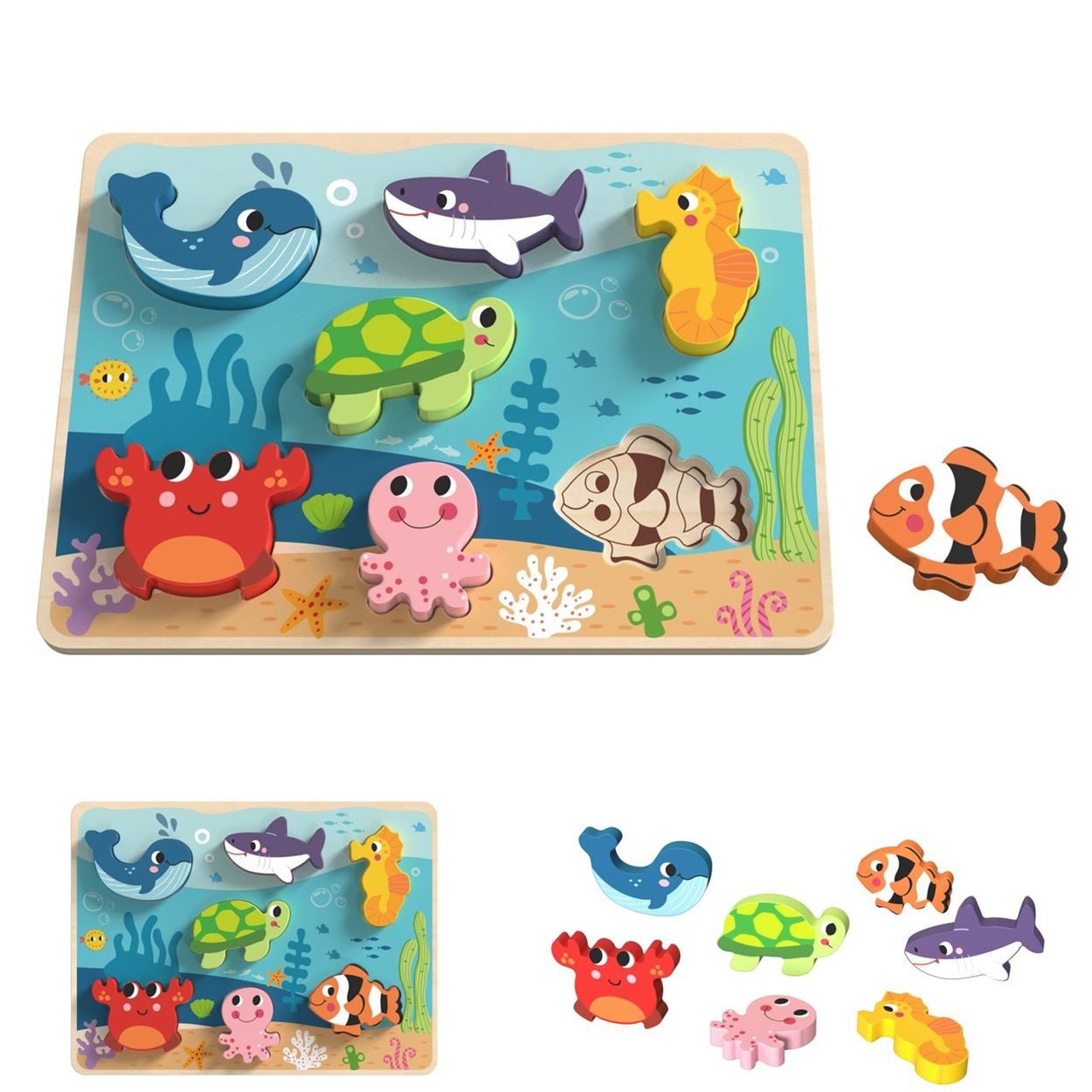 Tooky Toy Steckpuzzle Tiere 8-teilig, 8 Puzzleteile, Holz, 3D Tiere, 8-teilig, Steckpuzzle, MDF-Platte, ab 12 Monate
