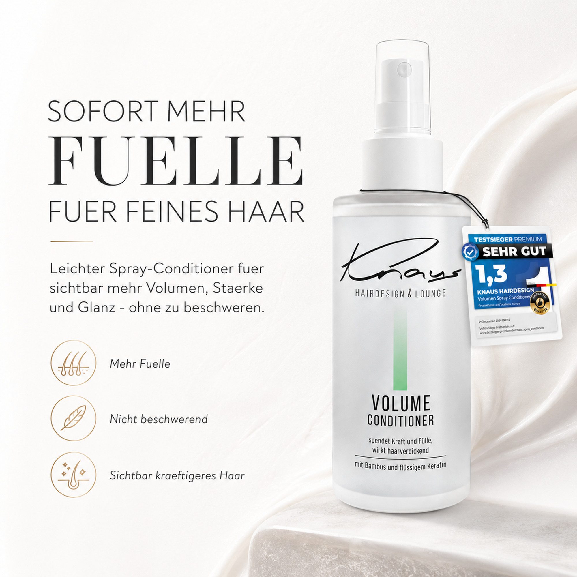 Knaus Hairdesign Haarpflege-Spray VOLUMEN Leave-in Spray, für feines Haar, Sprühconditioner, Mit Bambus und Flüssigkeratin ohne ausspülen