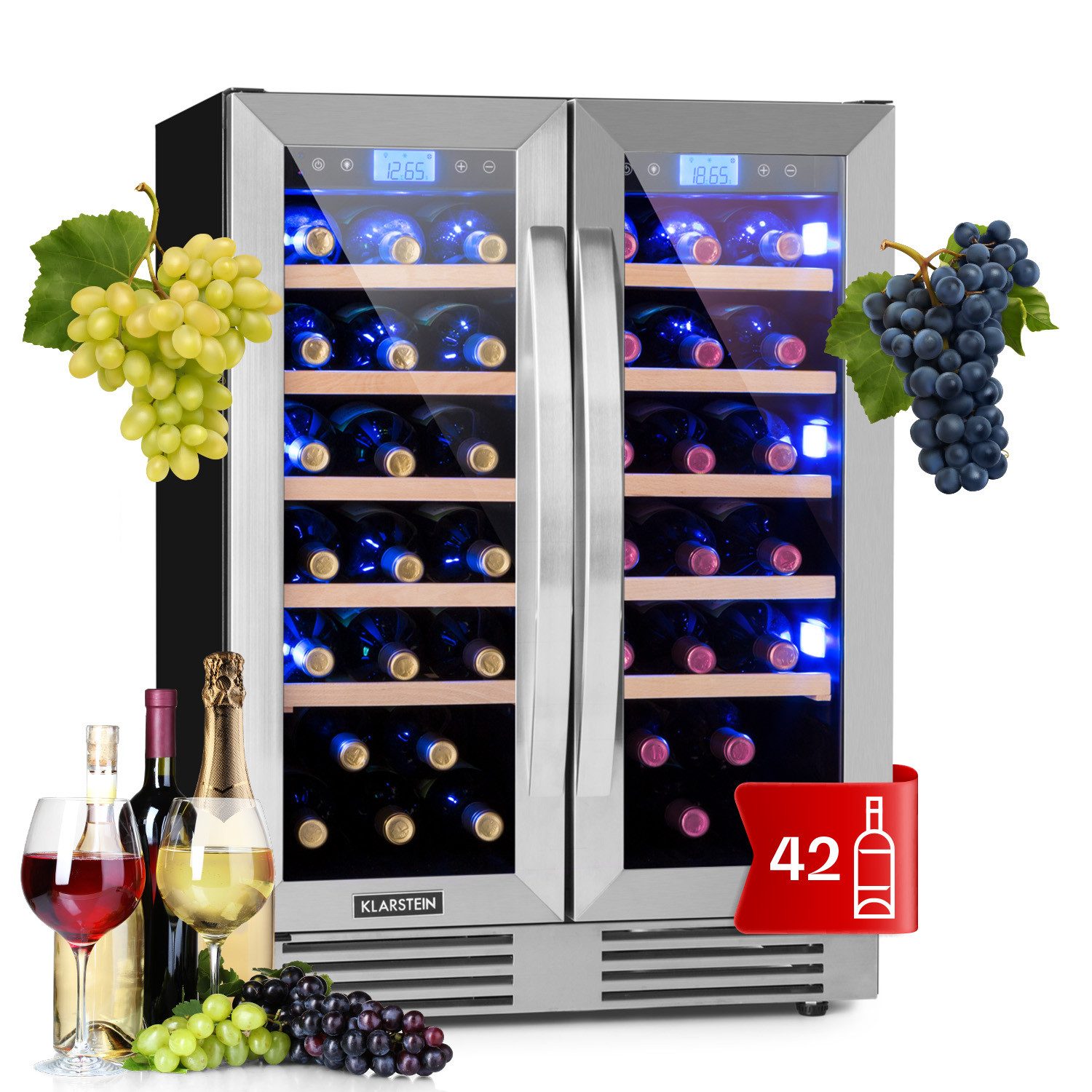 Klarstein Weinkühlschrank Vinovilla Duo 42, für 42 Standardflaschen á 0,75l,Wein Flaschenkühlschrank Weintemperierschrank Weinschrank Kühlschrank