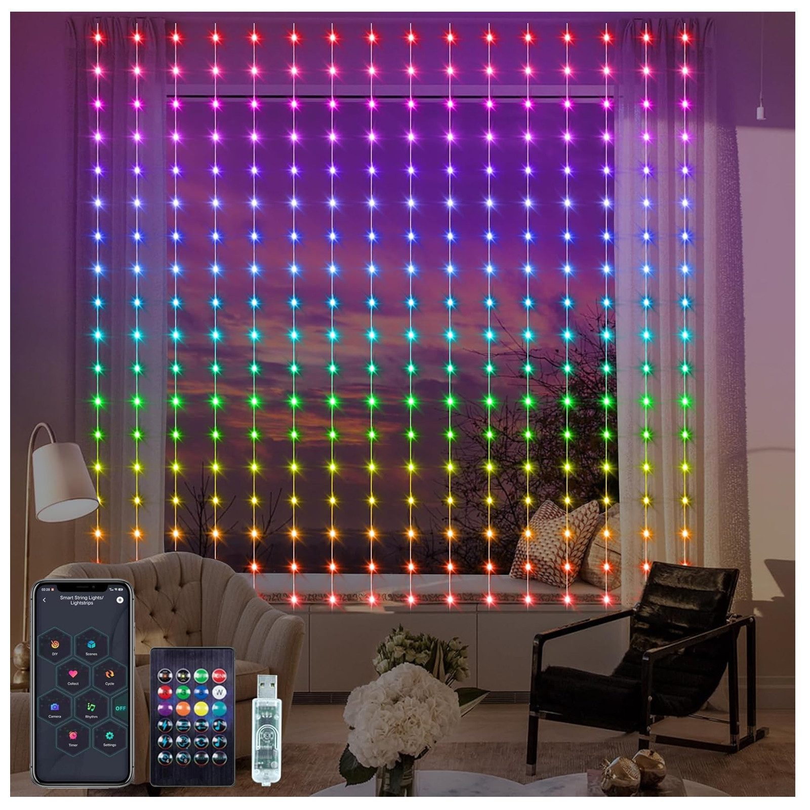 XERSEK LED Nachtlicht LED-Lichterkette Lichtervorhang Beleuchtung Weihnachts Deko, LEDs Vorhang Lichter String DIY LED Lichterkette mit Fernbedienung, Musik Sync, IP65, Timer, APP-Steuerung, 16 Millionen Farbwechsel, 72 Modi, USB