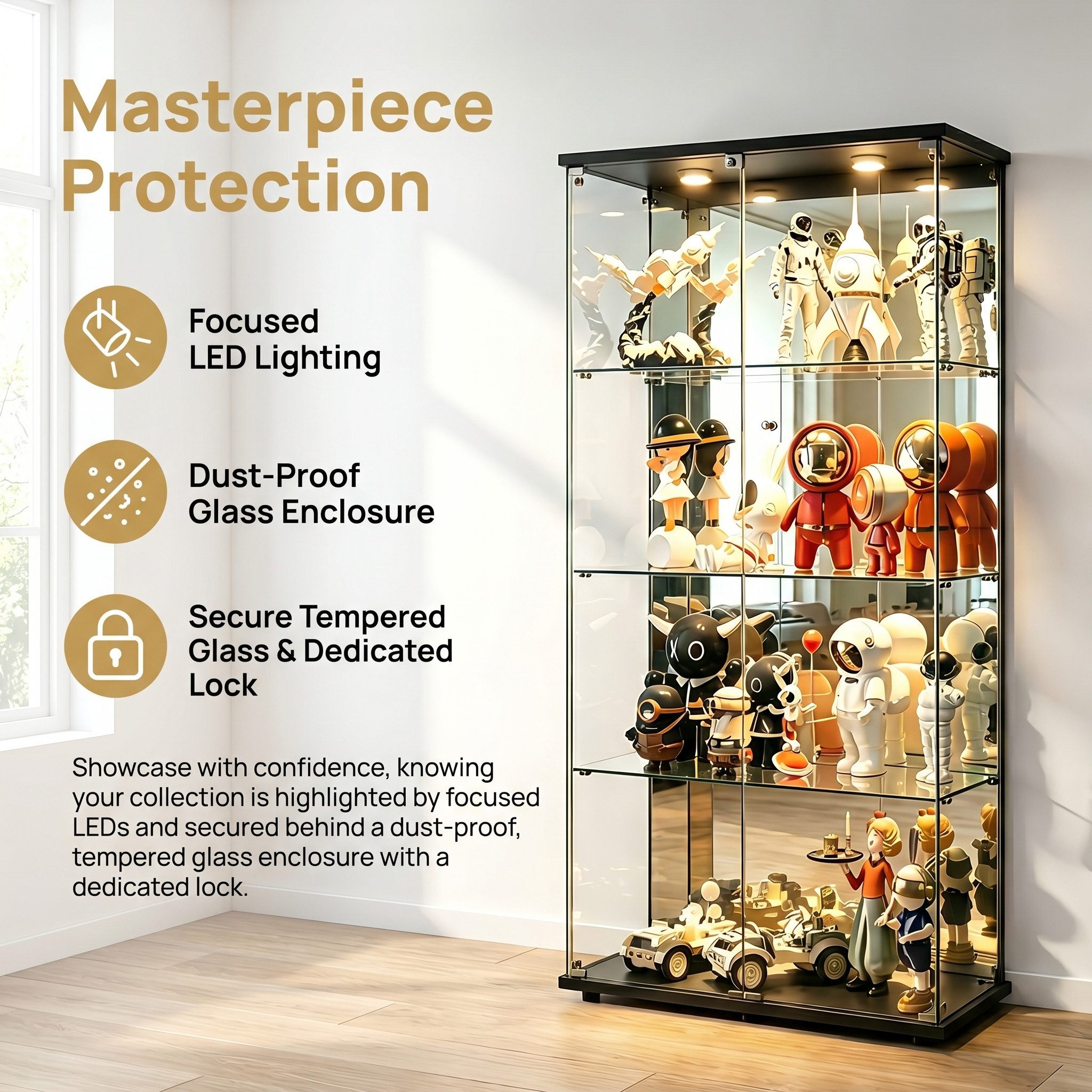Simurq Glasvitrine Vitrinenschrank Glas mit Led Beleuchtung, Standvitrine mit 2 glastüren (Sammlervitrine mit Schloss und Kippsicherung, gehärtetes Glas) Standv – Bild 4 von 5