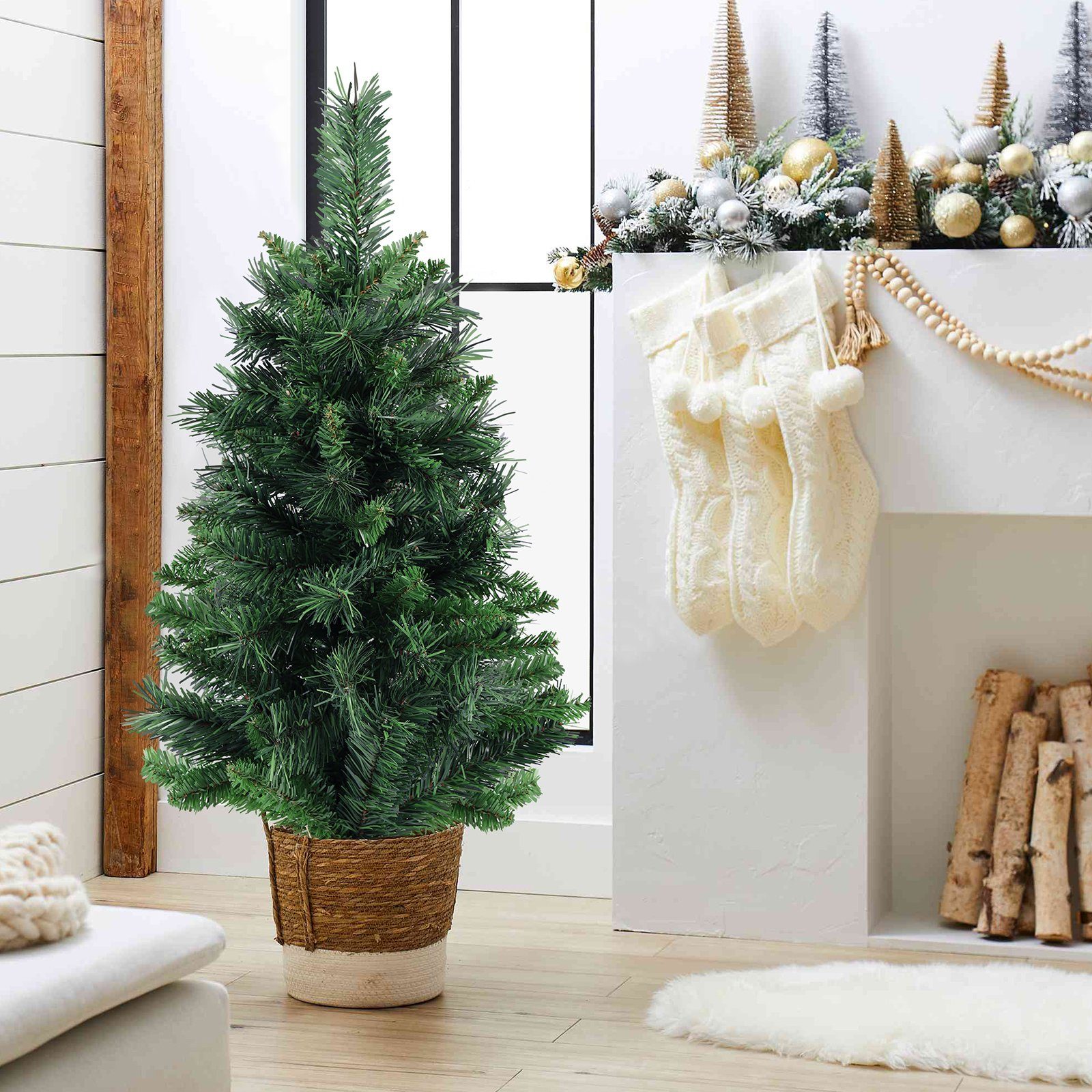 Salcar Künstlicher Weihnachtsbaum Kleiner Tannenbaum Künstlich Weihnachtsbaum Weihnachtsdeko Tischdeko, Nordmanntanne, 90cm mit 112 Spitzen, juteverkleidetem Weihnachtsbaumständer aus Beton