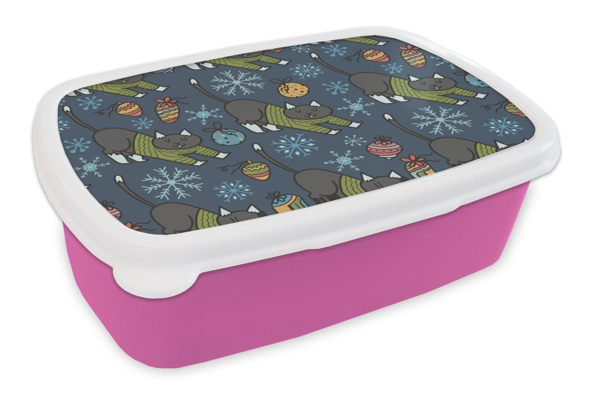 MuchoWow Lunchbox Katzen - Schnee - Weihnachtskugel - Muster, Kunststoff, (2-tlg), Brotbox für Erwachsene, Brotdose Kinder, Snackbox, Mädchen, Kunststoff rosa