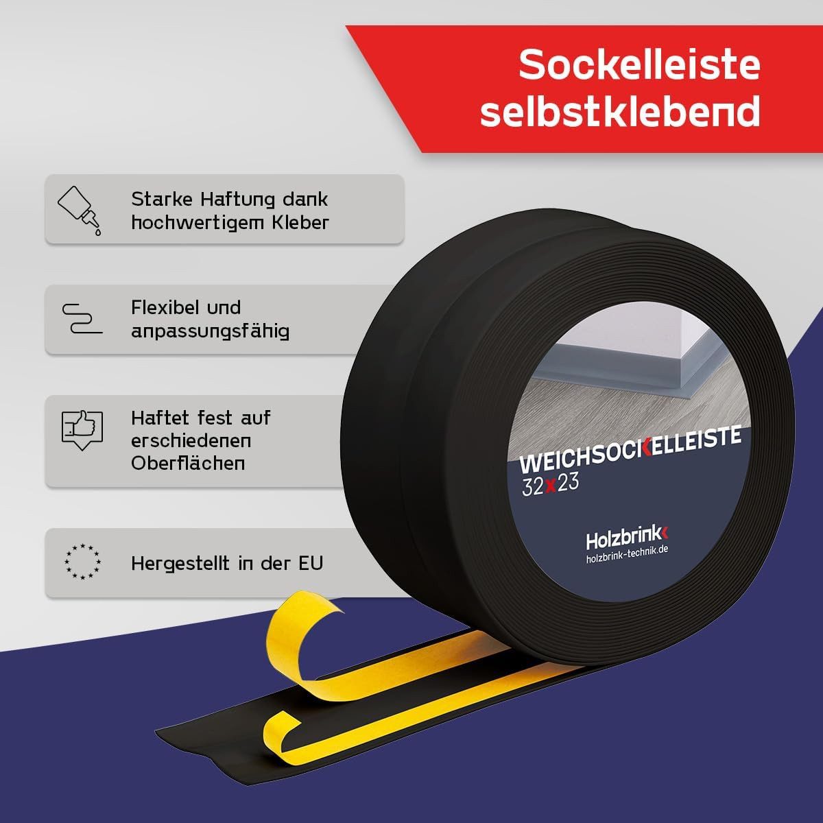 HOLZBRINK Sockelleiste HOLZBRINK selbstklebend PVC 32x23mm, 1 m, L: 100 cm, 1m Rolle, Küchenleiste Abschlussleiste für Badezimmer Farbe: Schwarz