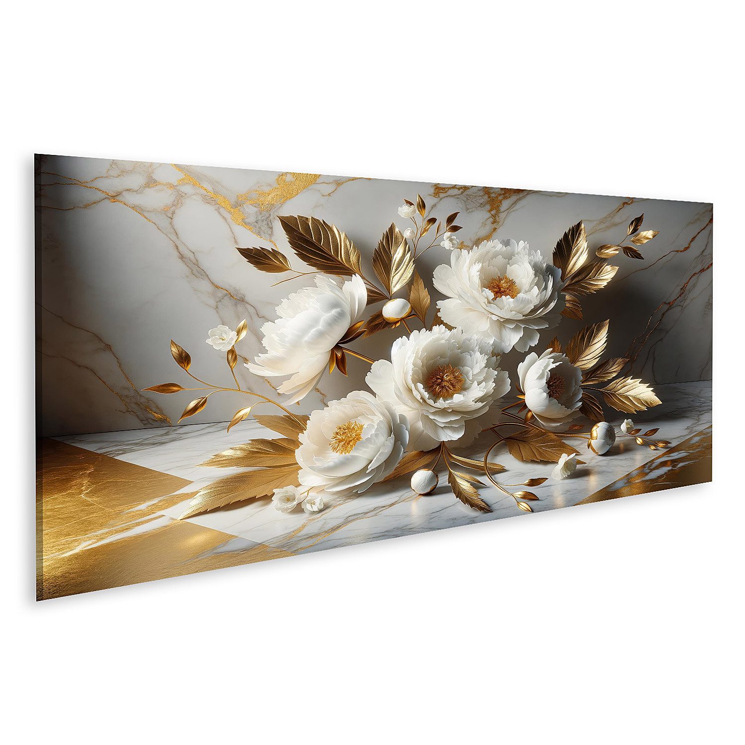 islandburner Leinwandbild Weiße Pfingstrosen und goldene günstig online kaufen