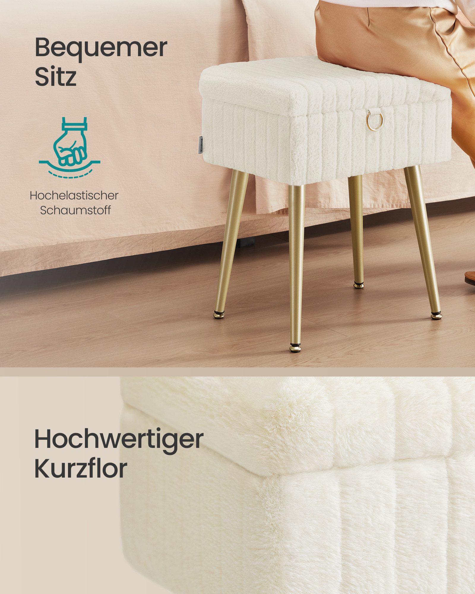 SONGMICS Sitzhocker Schminkhocker, Fußhocker, Wohnzimmer, Schlafzimmer, 30 x 40 x 50 cm (mit Stauraum), Schminktisch-Stuhl, Metallbeine, gepolstert, verstellbare Füße, weiß