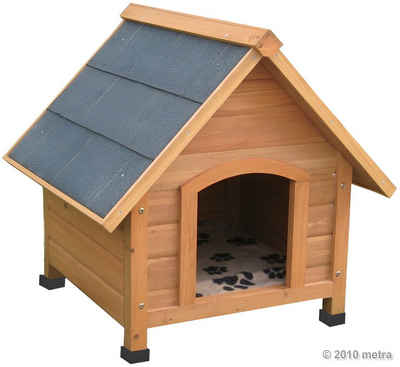 metra-direkt Hundehütte Massivholz Spitzdach - Wetterfest & Atmungsaktiv - 70x60x75 cm, Grüne Dachpappe, Kunststoffschutz für Füße, Winddicht