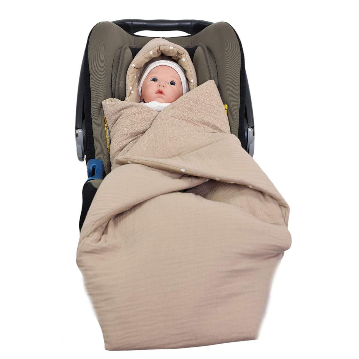 Babydecke Einschlagdecke Musselin taupe/Punkte beige