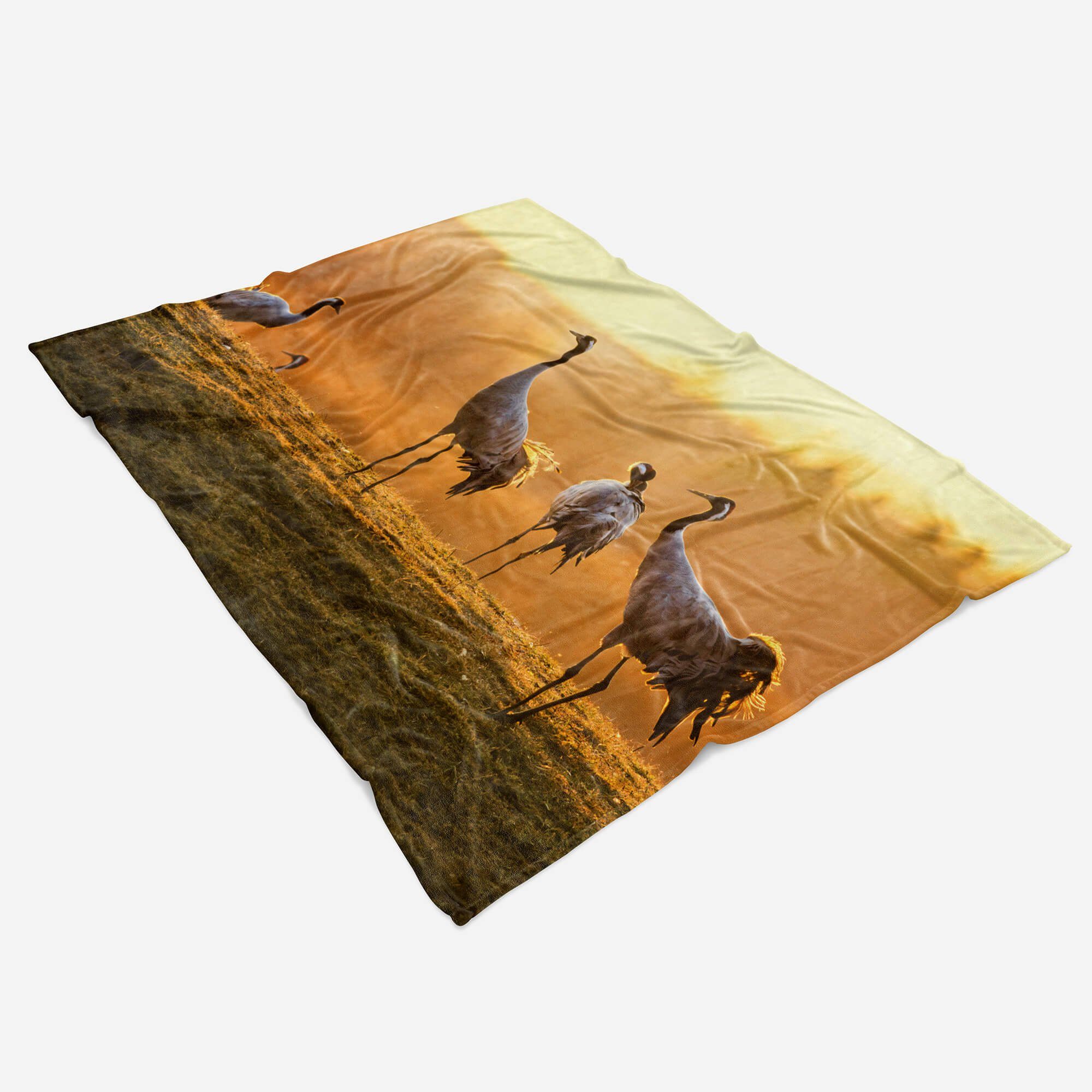 Kuscheldecke Strandhandtuch Handtuch Baumwolle-Polyester-Mix Tiermotiv Sonne, bei (1-St), Art mit Handtücher Handtuch Sinus Kraniche Saunatuch