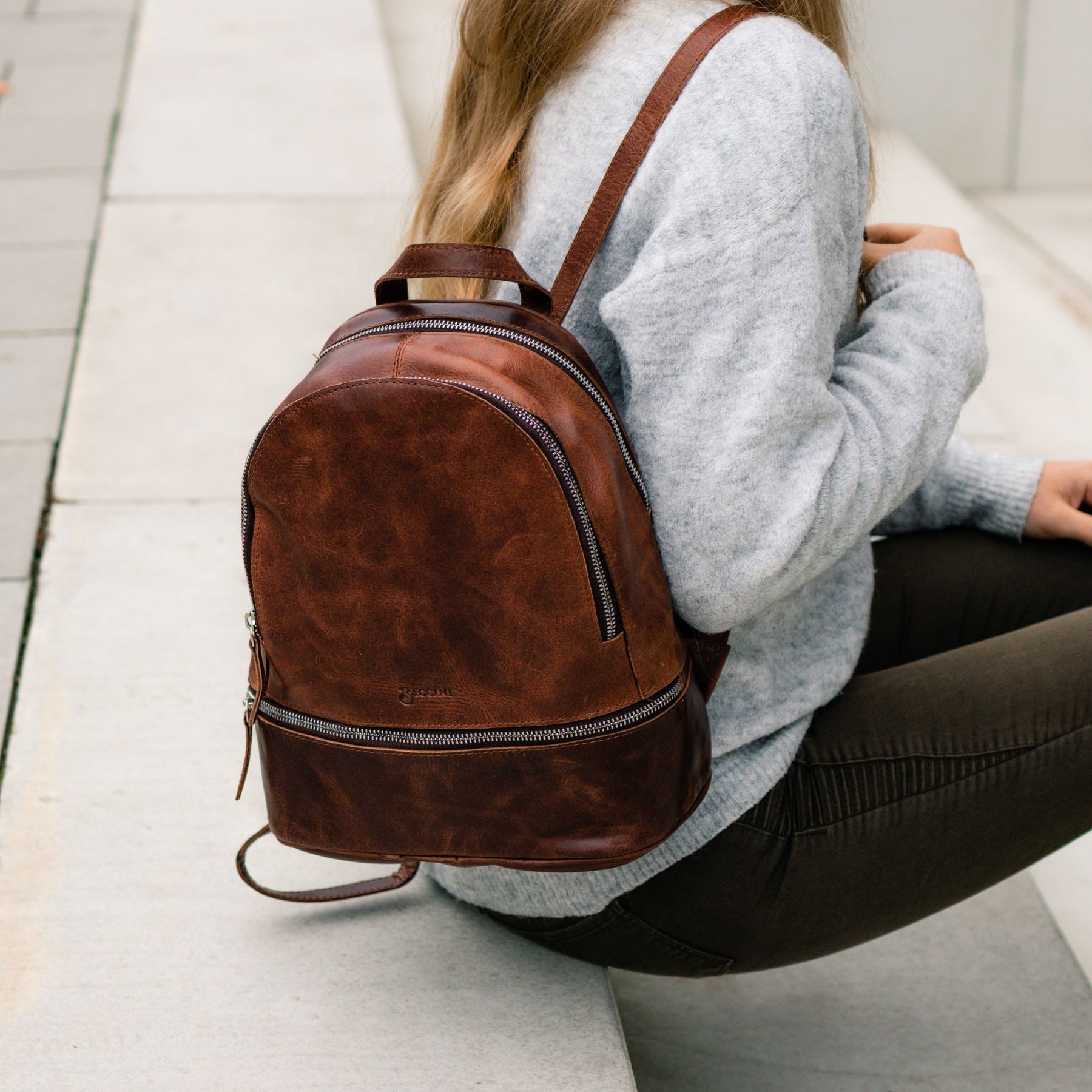 BACCINI Rucksack echt Leder Rucksack groß Ledertasche braun DINA, Cityrucksack Echtleder, Daypack, Leder-Rucksack Damen Braun-cognac