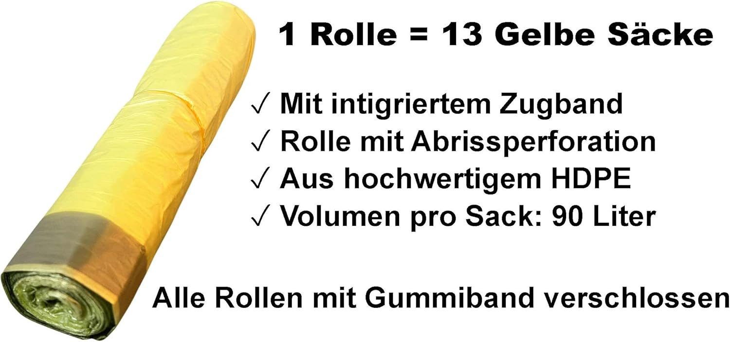 mucHome Müllsack Gelber Sack 90L 15µ Müllbeutel 13 Stück pro Rolle 60x88cm, plus 5cm Umschlag mit Zugband