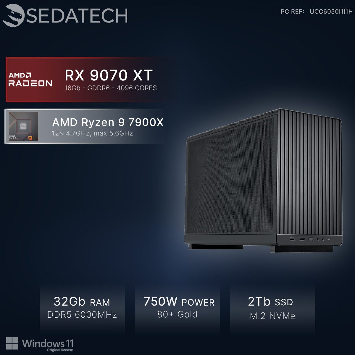 Sedatech UCC6050I1I1HF - Workstation Mini-PC (AMD Ryzen 9 7900X 12x 4.7GHz (max 5.6GHz), Radeon RX 9070 XT 16GB, 32 GB RAM, 2000 GB SSD, Wlan 6E)