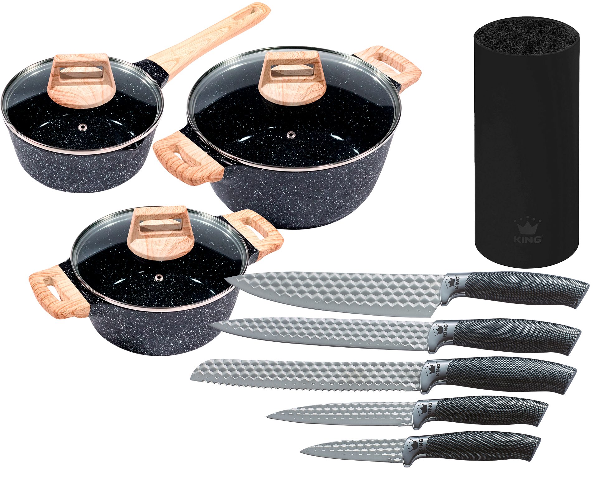 KING Topf-Set »ESSENTIAL« Aluminiumguss, Induktion, Antihaftbeschichtung, Aluminiumguss (Set, 12-tlg., 2 Töpfe, 1 Stieltopf, 3 Glasdeckel), inkl. 5 Küchenmesser, 1 Messerblock