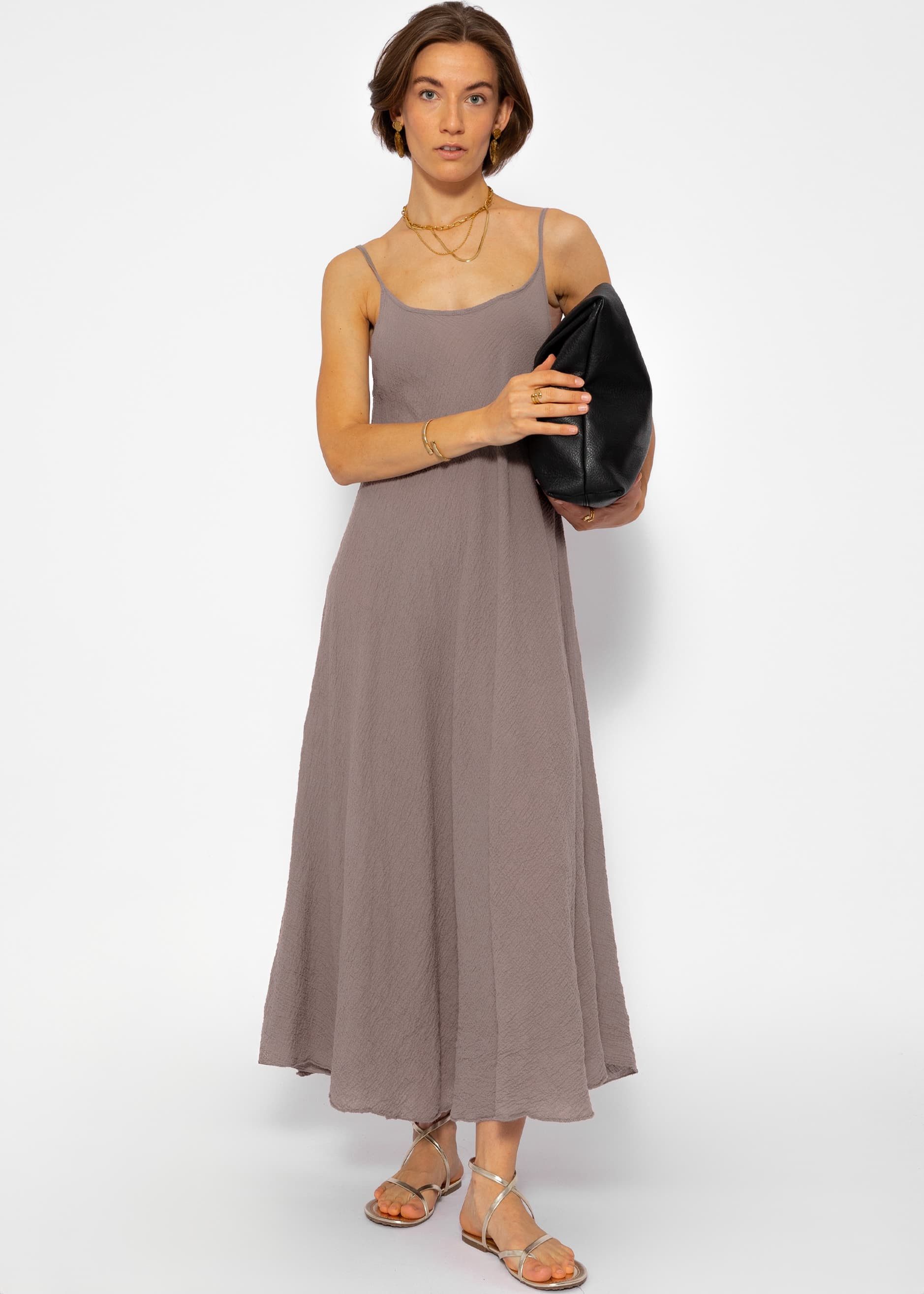 SASSYCLASSY Strandkleid Sommerkleid Damen lang aus transparentem Musselin Maxi Musselinkleid aus Baumwolle in Leo Print Schwarz Beige Braun Rosa