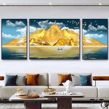 TPFLiving Kunstdruck (OHNE RAHMEN) Poster - Leinwand - Wandbild, 3 teiliges Wandbild - Abstrakter goldener Berg (Leinwandbild XXL), Farben: Gold, Gelb, Blau, Weiß - Größe: 20x30x2 30x45cm