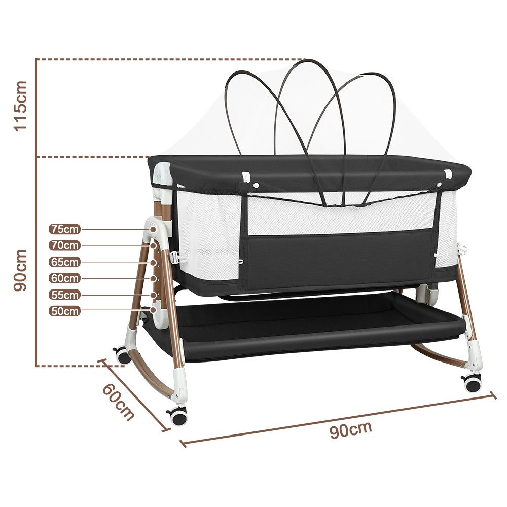 JEOBEST Beistellbett 3 in 1 Beistellbett Stubenwagen Babybett Baby-Reisebett, 6-stufige Höhenverstellung, mit Rollen, Matratze und Moskitonetz