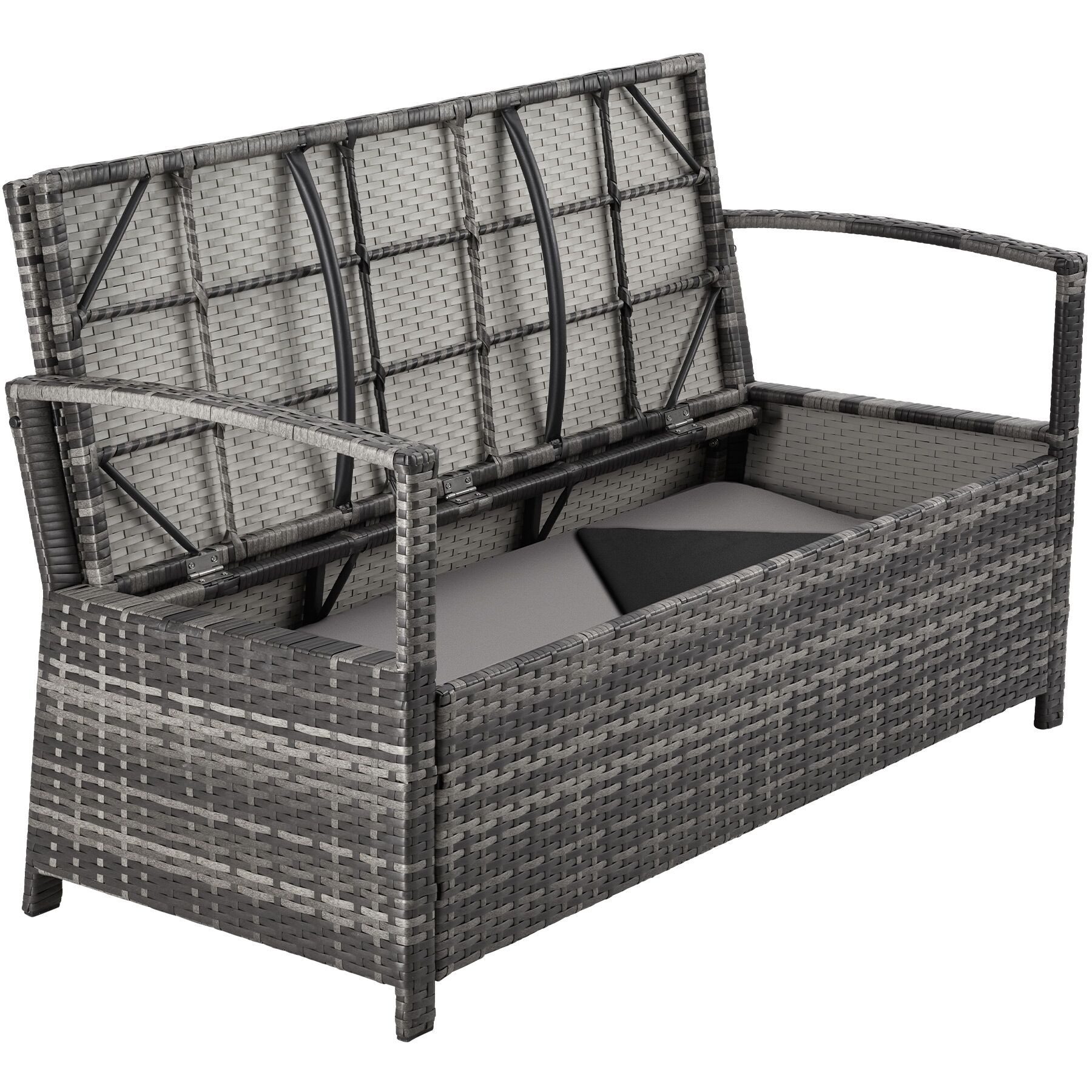 tectake Gartenbank Polyrattanbank 2-Sitzer wetterfest mit Stauraum und Schutzabdeckung (Terrassenbank Vecchia, in Grau), Belastbarkeit 250 kg, Inkl. Sitzpolster und Montagematerial