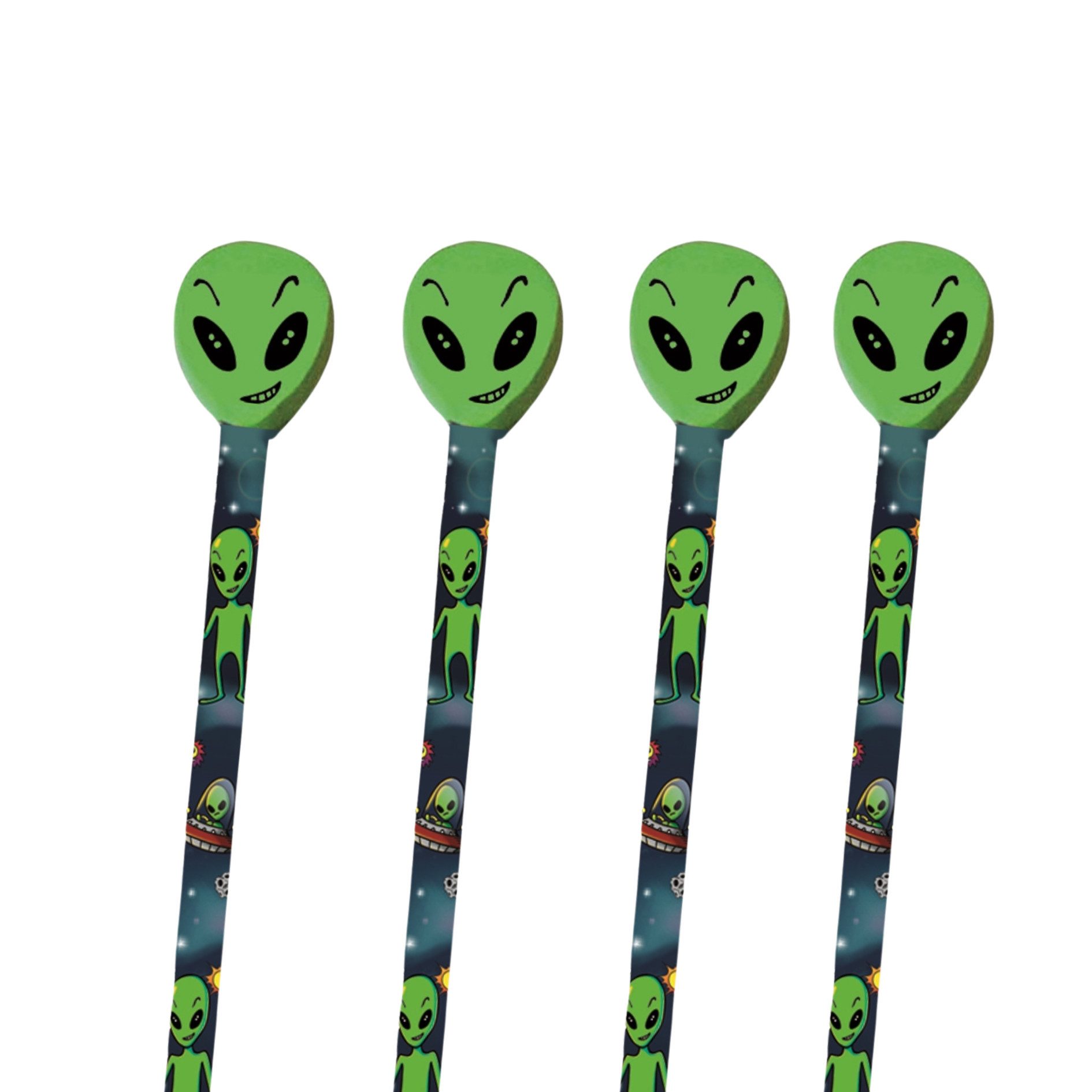 Partystrolche Bleistift Stifte mit Radiergummi Topper Alien - Mitgebsel Kindergeburtstag, (Sparset, 4-tlg)