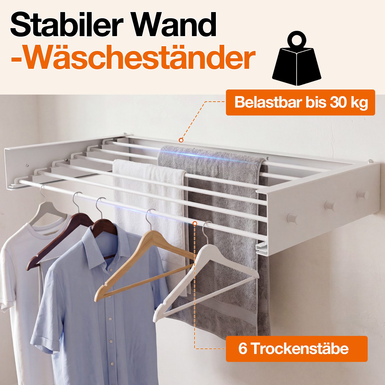 Clanmacy Wandwäschetrockner 100 cm Klappbarer Wäscheständer, Wandtrockner Weiß mit 6 Stangen – Bild 5 von 5