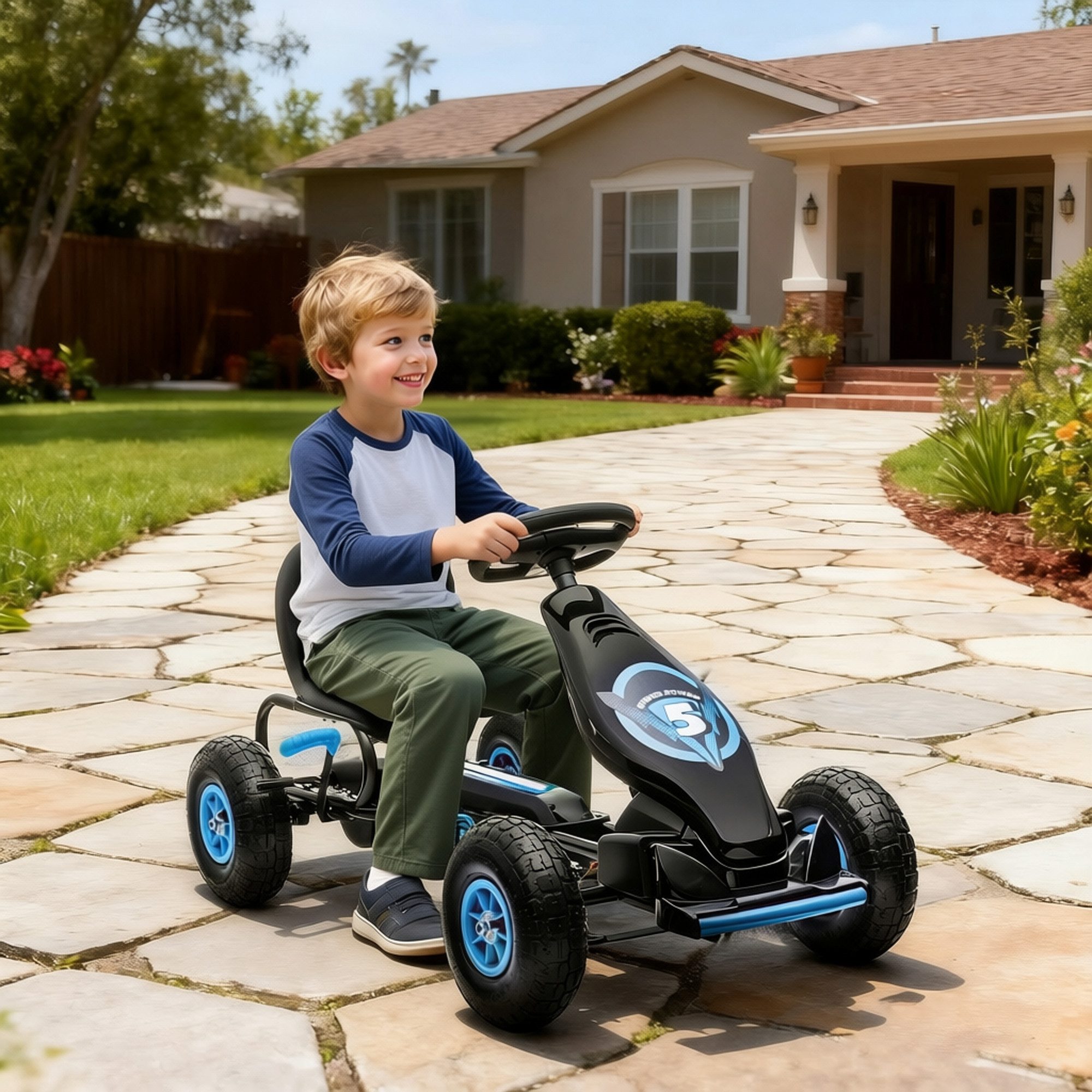 HOMCOM Go-Kart Kinderfahrzeug, Tretfahrzeug mit Pedal und Handbremse, Outdoor, für Garten, Balkon, Blau+Schwarz