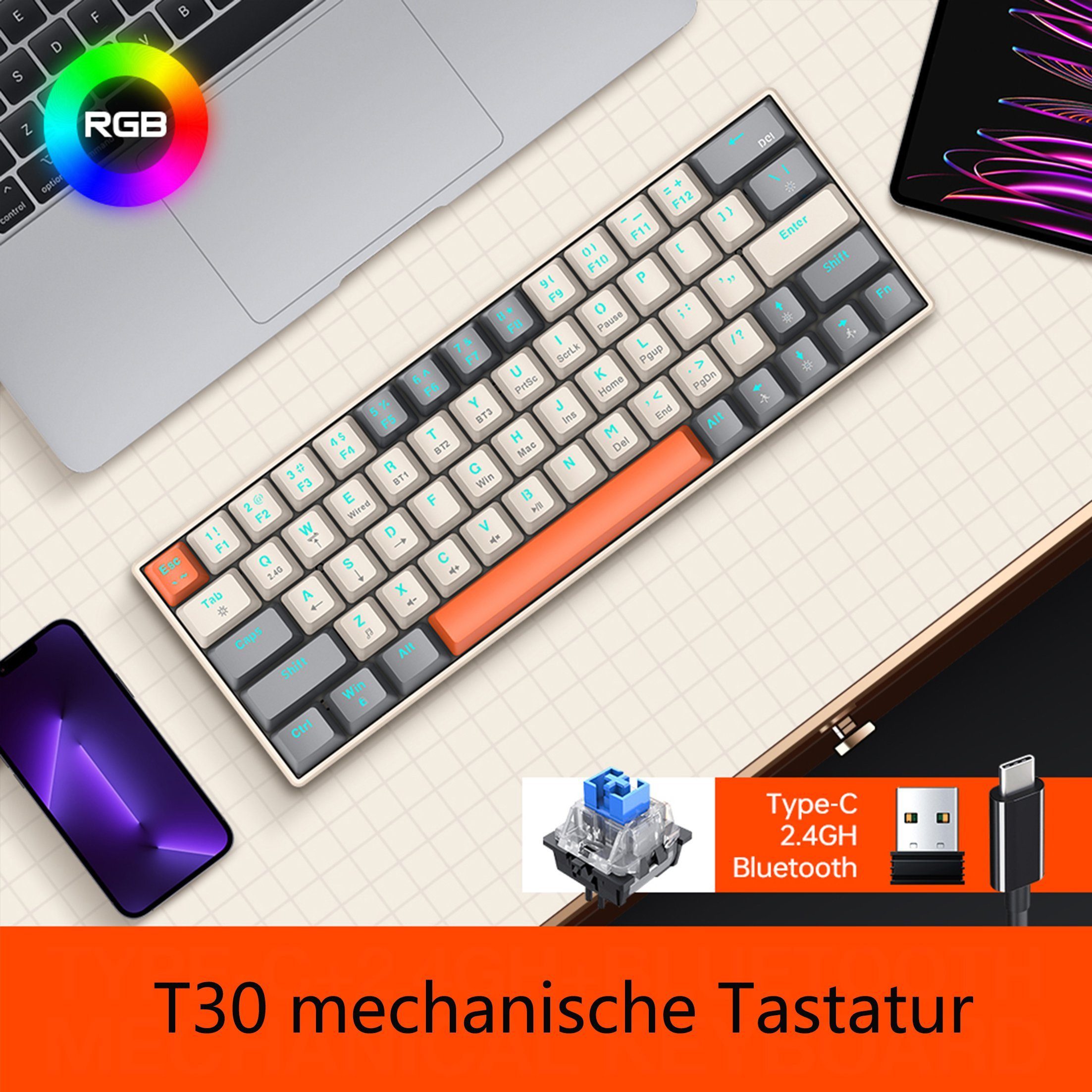 KINSI Mechanische Tastatur,Kabellose/Kabelgebundene Tastatur,Bluetooth Gaming-Tastatur (RGB-Beleuchtung)