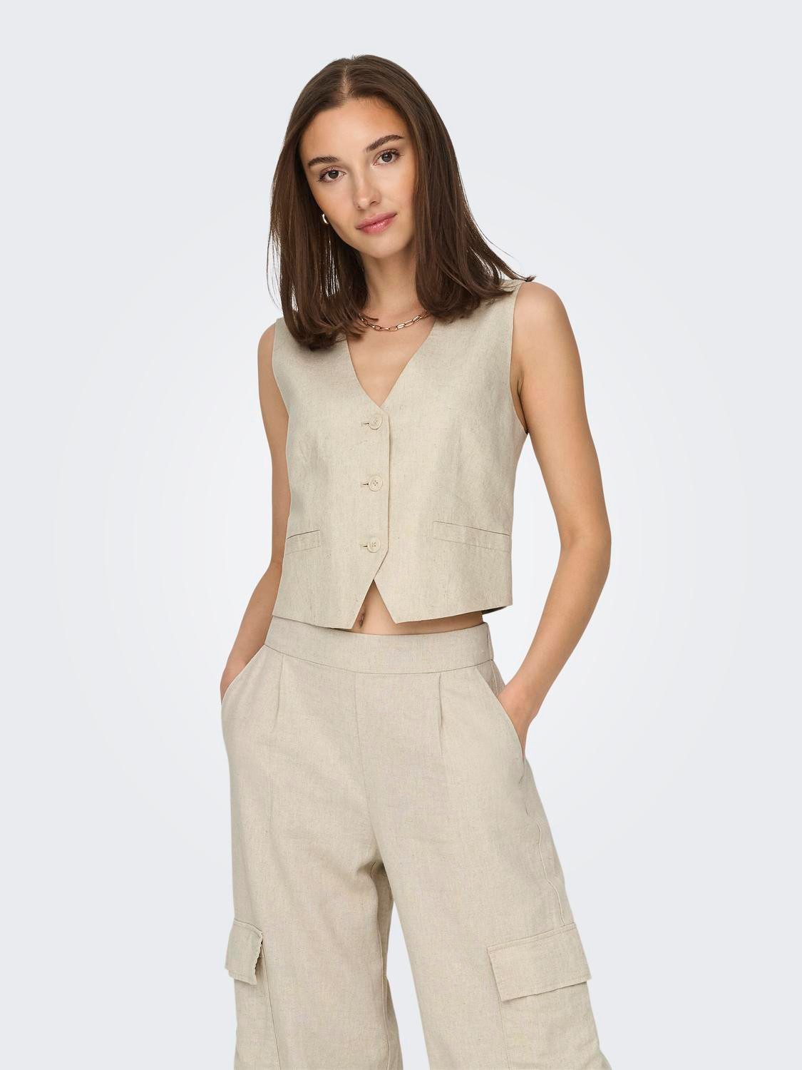 JACQUELINE de YONG Longweste Anzugweste mit Knopfleiste und Taschen JDYMAYA LINEN WAISTCOAT PNT DIA