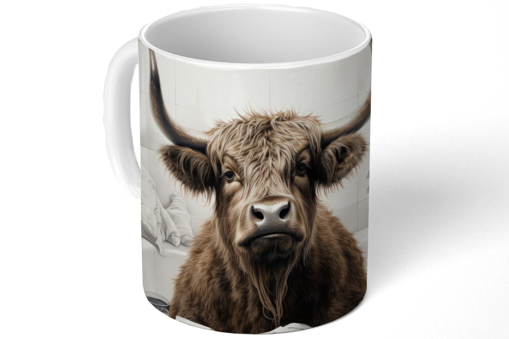 MuchoWow Tasse Schottischer Highlander - Badewanne - Badezimmer - Zeitung, 1-tlg., Keramik, Kaffeetassen, Teetasse, Becher, Kaffeebecher, Geschenk