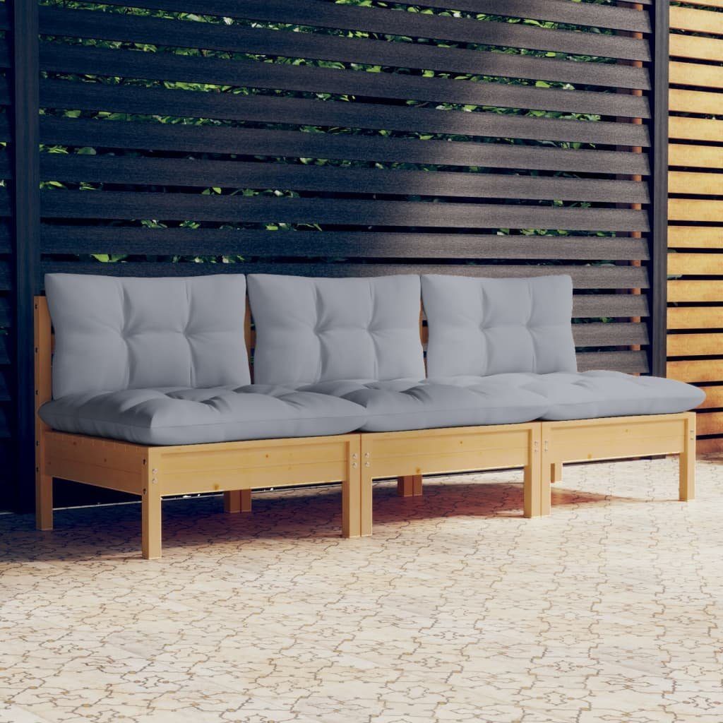 vidaXL Loungesofa 3-Sitzer-Gartensofa mit Grauen Kissen Massivholz Kiefer, 1 Teile Braun und Grau