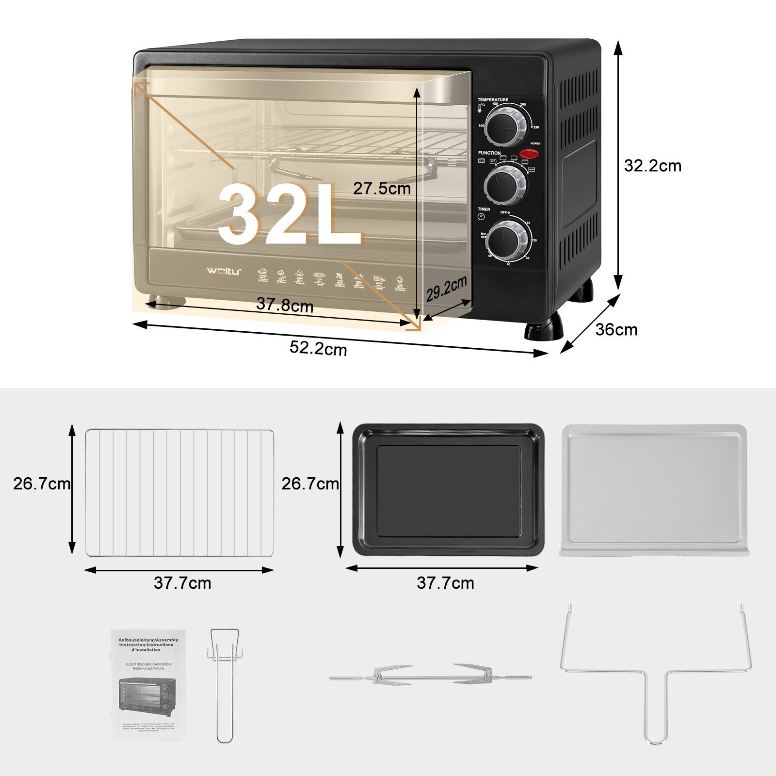 Woltu Minibackofen, 32 Liter, 1600 Watt Herausnehmbares Krümelblech mit Timer