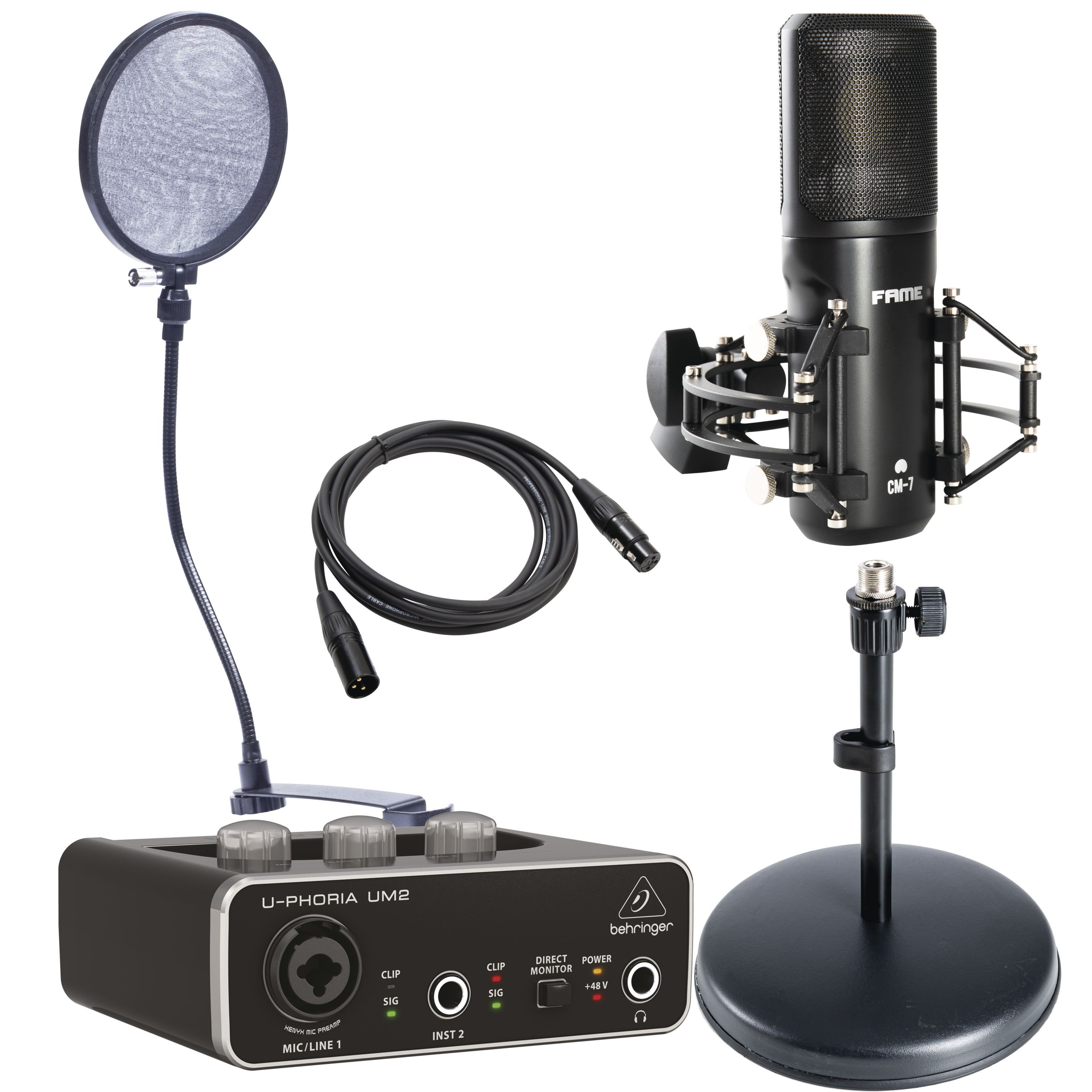 FAME Streaming-Mikrofon (Audio Podcast Set Komplett USB Audio Interface-Set Großmembran Kondensatormikrofon Niere 20 - 20.000Hz 136 dB SPL 48V Inkl. Spinne Vocal/Gesang Heimgebrauch), Audio Podcast Set, USB Audio Interface, Großmembran