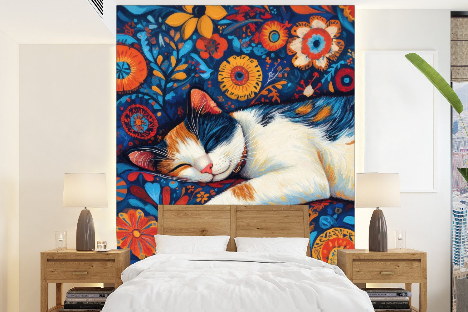 MuchoWow Fototapete Katze - Blumenmuster - Blau - Orange, Matt, bedruckt, Wallpaper für Wohnzimmer, Schlafzimmer, Vinyl Tapete, 165x220 cm
