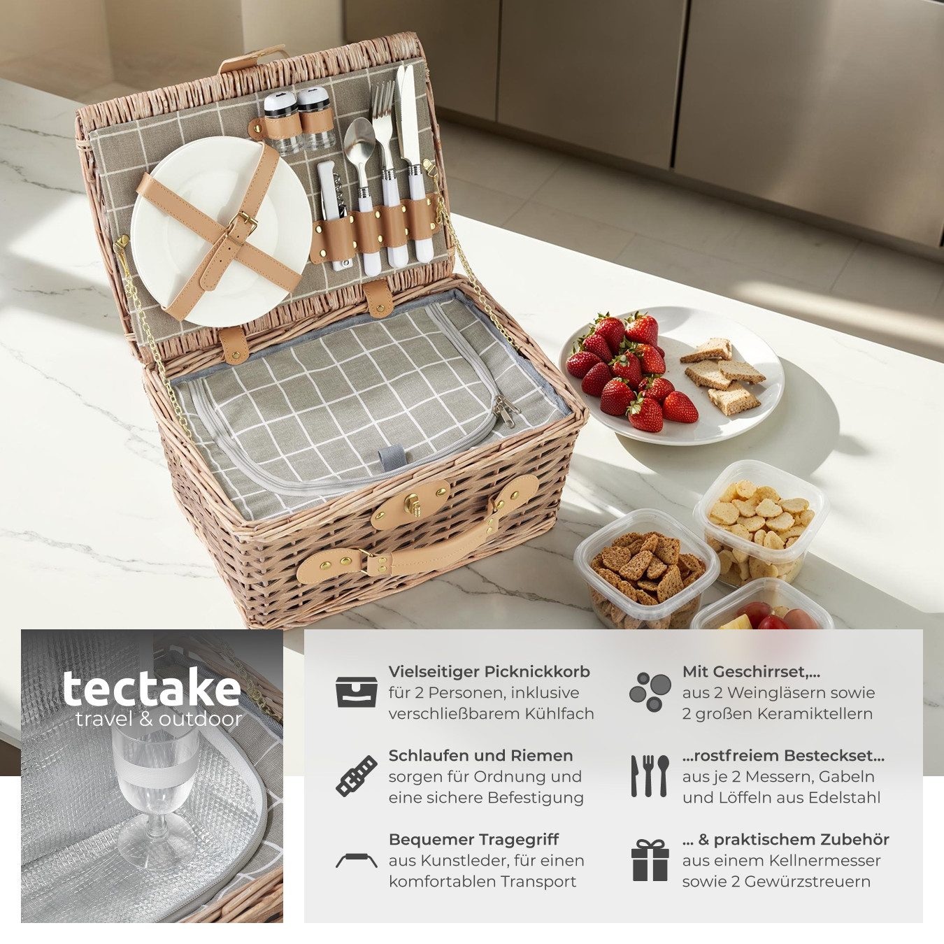 tectake Picknickkorb Ausflugstasche Langeoog für 2 Personen, mit Kühlfach & günstig online kaufen