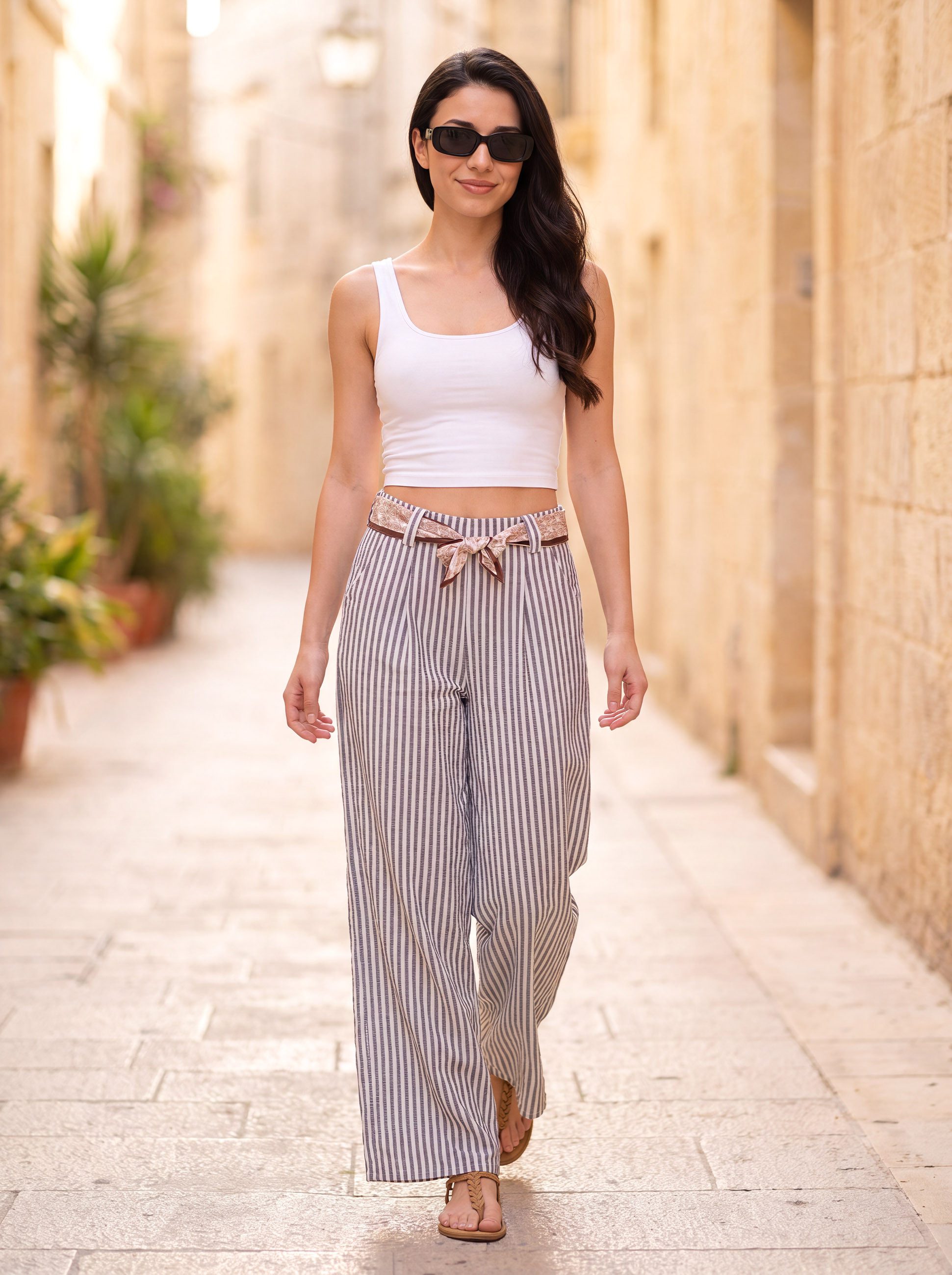 PEKIVESSA Schlupfhose Leichte Wide Leg Sommerhose gestreift mit weitem Bein und Stoffgürtel – Bild 5 von 5