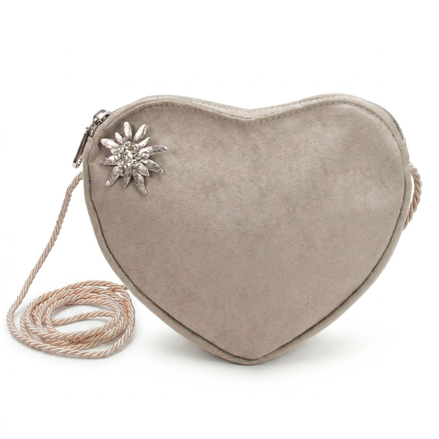 Alpenflüstern Schultertasche Herztasche Strass-Edelweiß (taupe-grau), - Damen Trachtentasche in Herzform, Schultertasche fürs Dirndl, Herz H