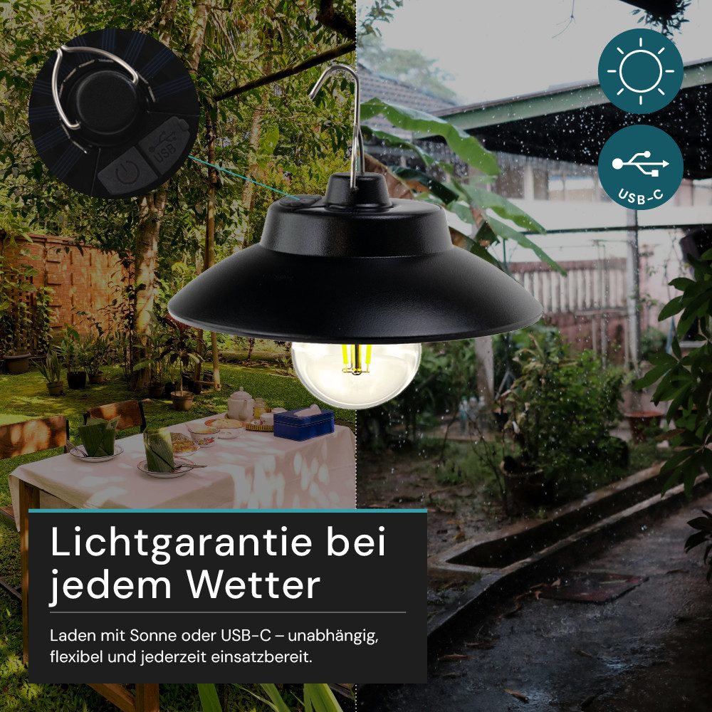 LUXULA LED Solarleuchte Campingleuchte Schwarz, LED fest integriert, 3000K Warmweiß, Solar Hängeleuchte 200lm Dimmbar Robust und Wetterfest