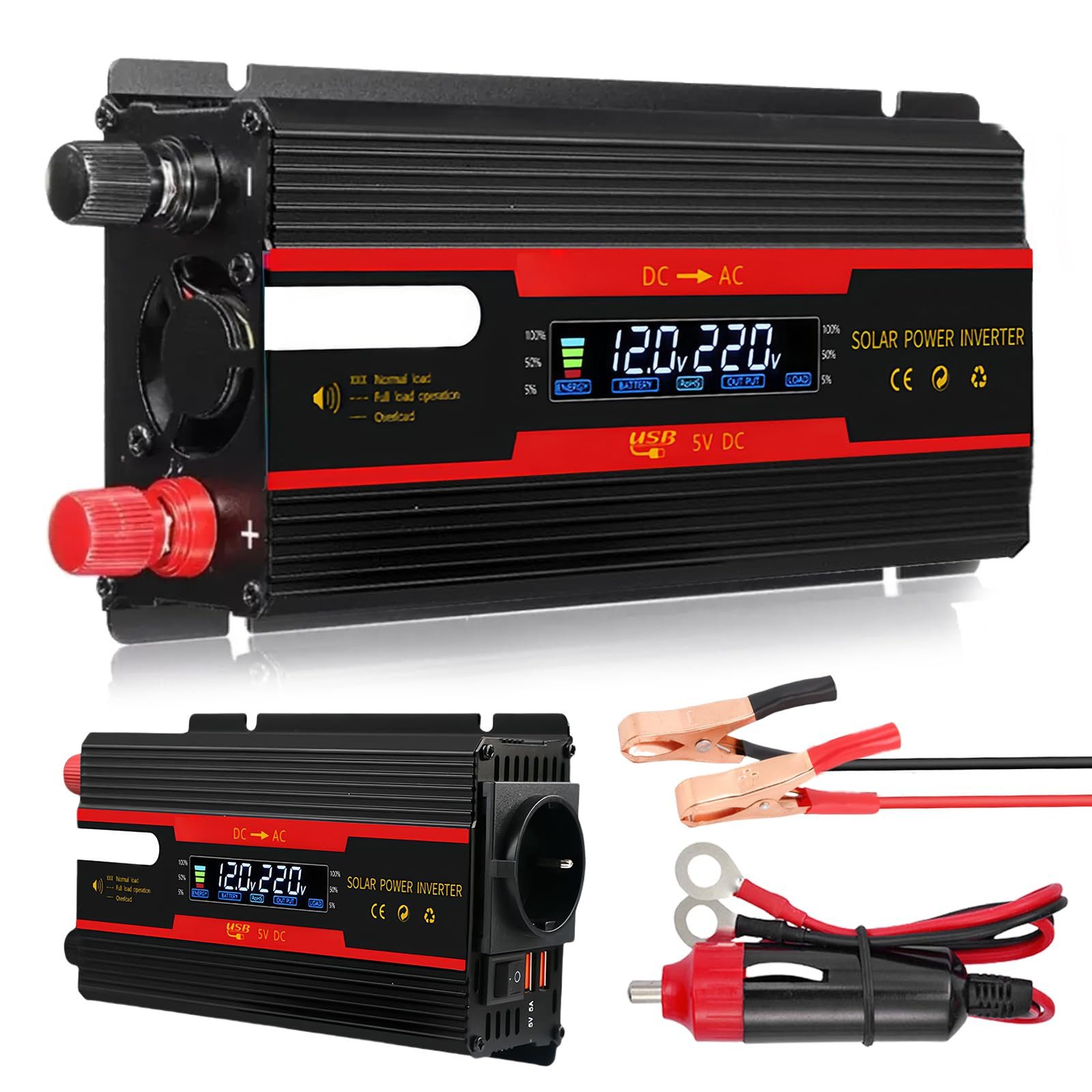 TWUFY Spannungswandler Reiner Sinus Inverter Wechselrichter DC 12V/24V auf AC 220V, (Spannungswandler 1 AC Steckdose & 2 USB Port Stromwandler mit Alligatorclip Zigarettenanzünder Stecker Power Inverter, 700W/2000W), für Auto KFZ Wohnwagen LKW, Rot