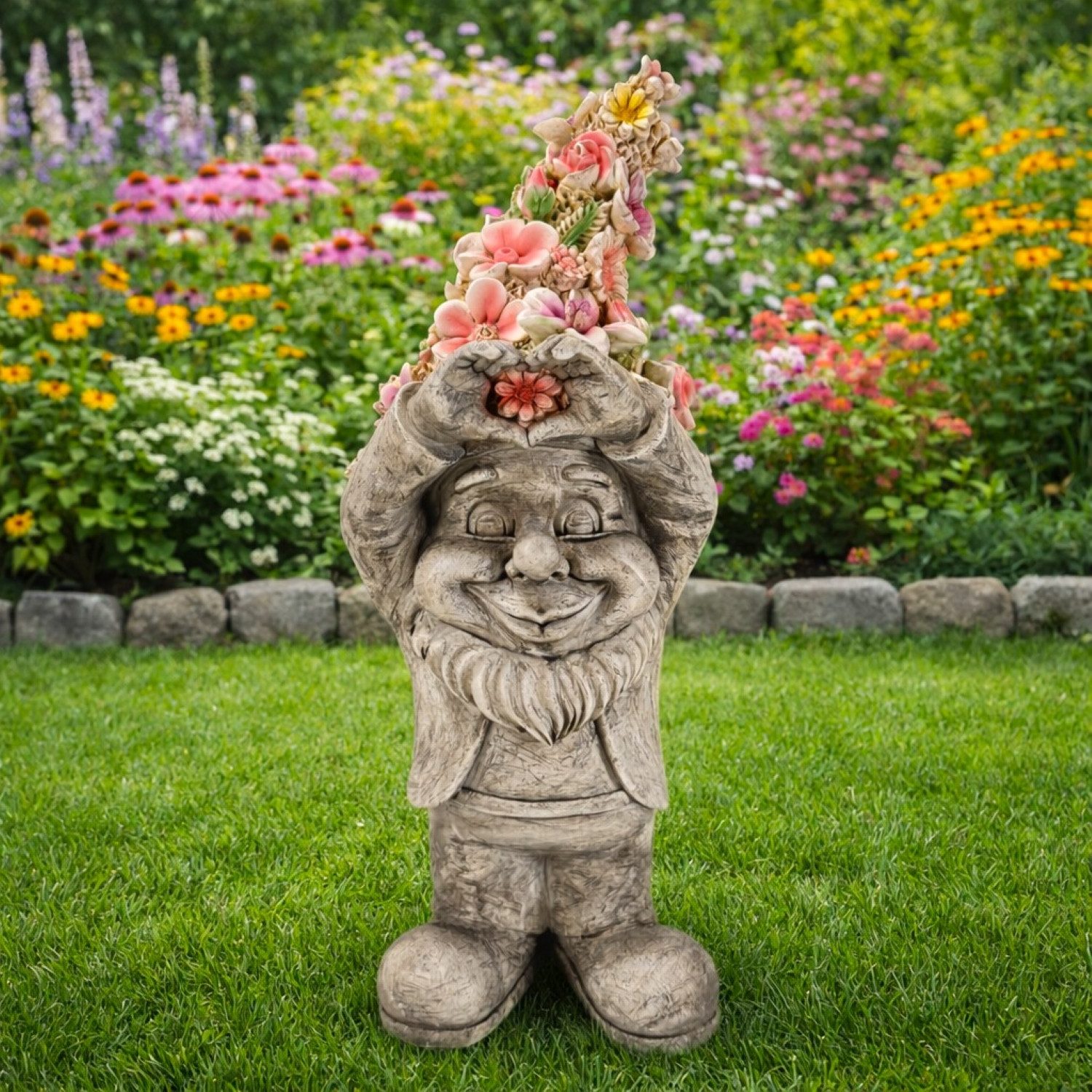 Online-Fuchs Gartenfigur für draußen - Gartenzwerg, Wichtel mit Blumenmütze - 39 cm groß, aus langlebigem Kunstharz gefertigt, wetterfest - Gartendeko