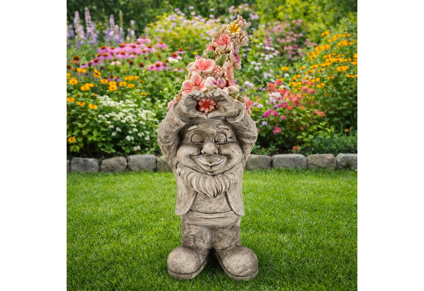 Online-Fuchs Gartenfigur für draußen - Gartenzwerg, Wichtel mit Blumenmütze - 39 cm groß, aus langlebigem Kunstharz gefertigt, wetterfest - Gartendeko