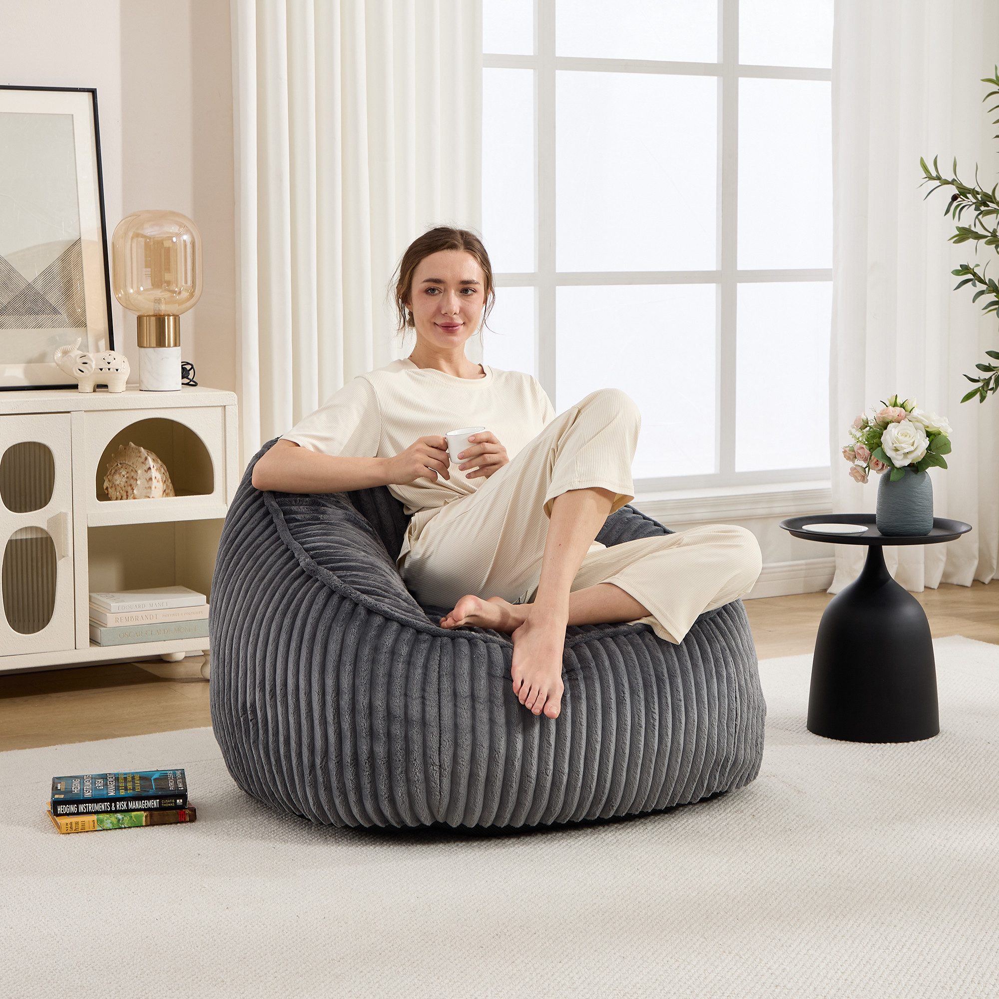 i@home Sitzsack Bean Bag Stuhl mit Memory-Schaumstofffüllung, Sitzsack, Lounge Sessel (1 St), gestreifter Blasen-Plüsch, flauschig gemütlicher Sitzsack, Grau