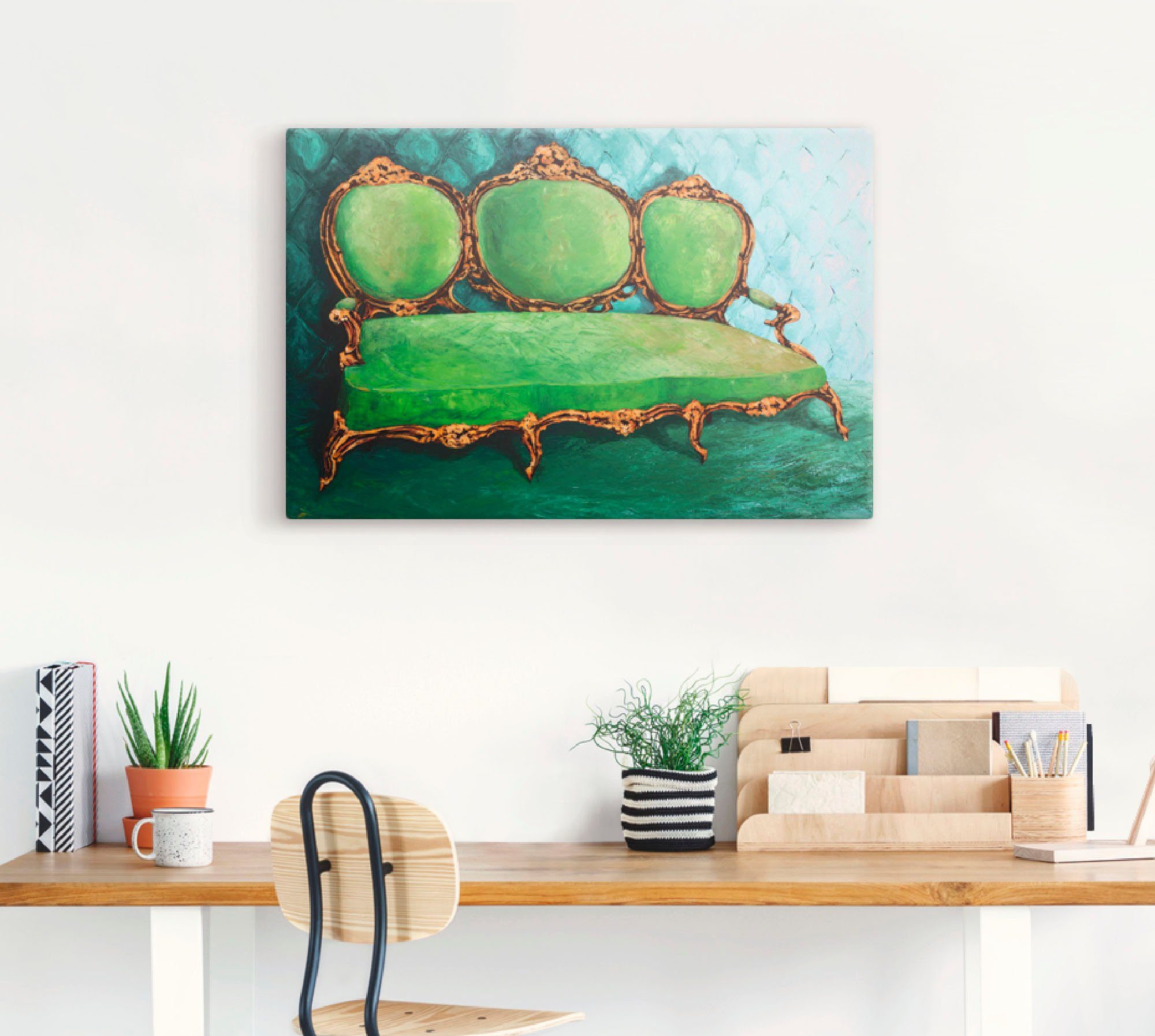 Artland Leinwandbild Sofa grün, Innenarchitektur (1 St), auf Holzrahmen gespannt