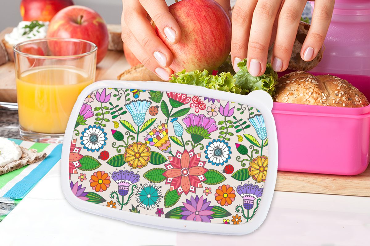 (2-tlg), Snackbox, Erwachsene, Brotbox rosa - Blumen Mädchen, Kunststoff Brotdose Design, Kinder, Regenbogen Lunchbox Kunststoff, Schmetterling - für - MuchoWow