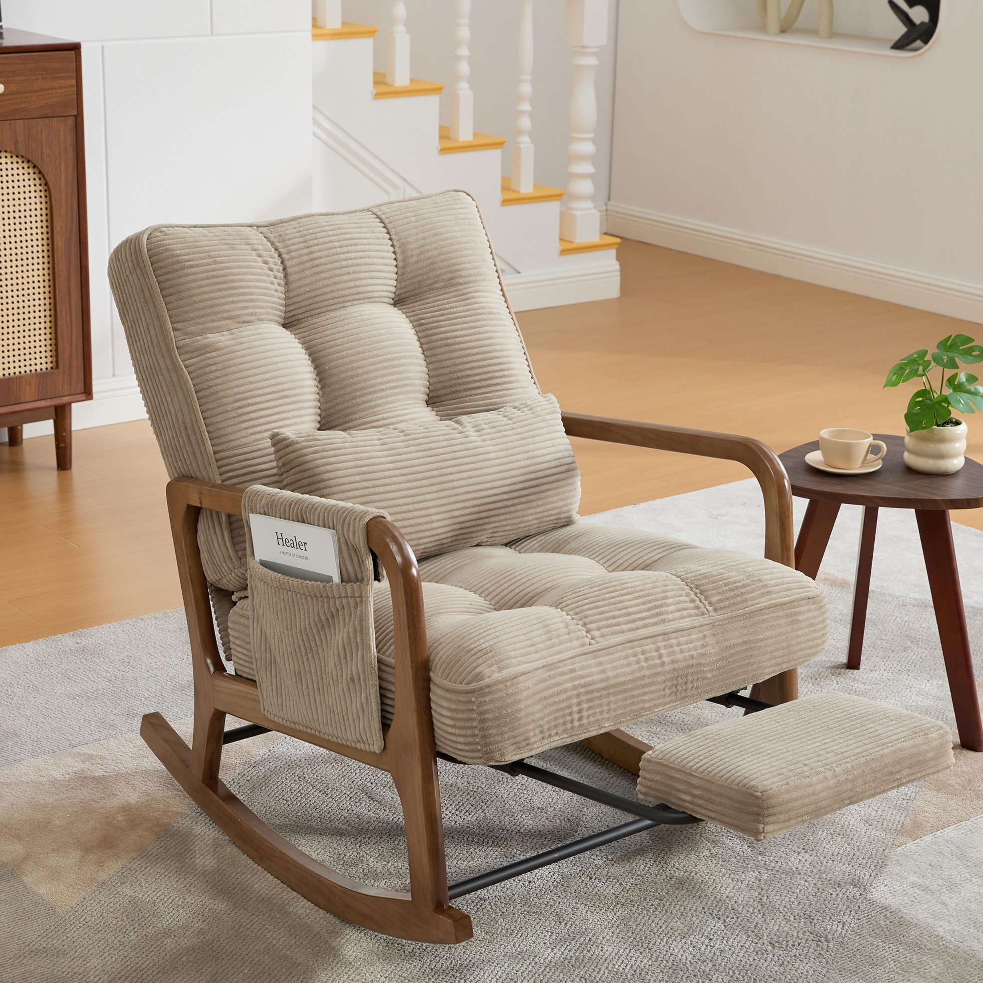 OKWISH Loungesessel Schaukelstuhl (mit verstellbarer Lehne, Fußstütze und praktischen Seitentaschen), Relaxsessel Polstersessel