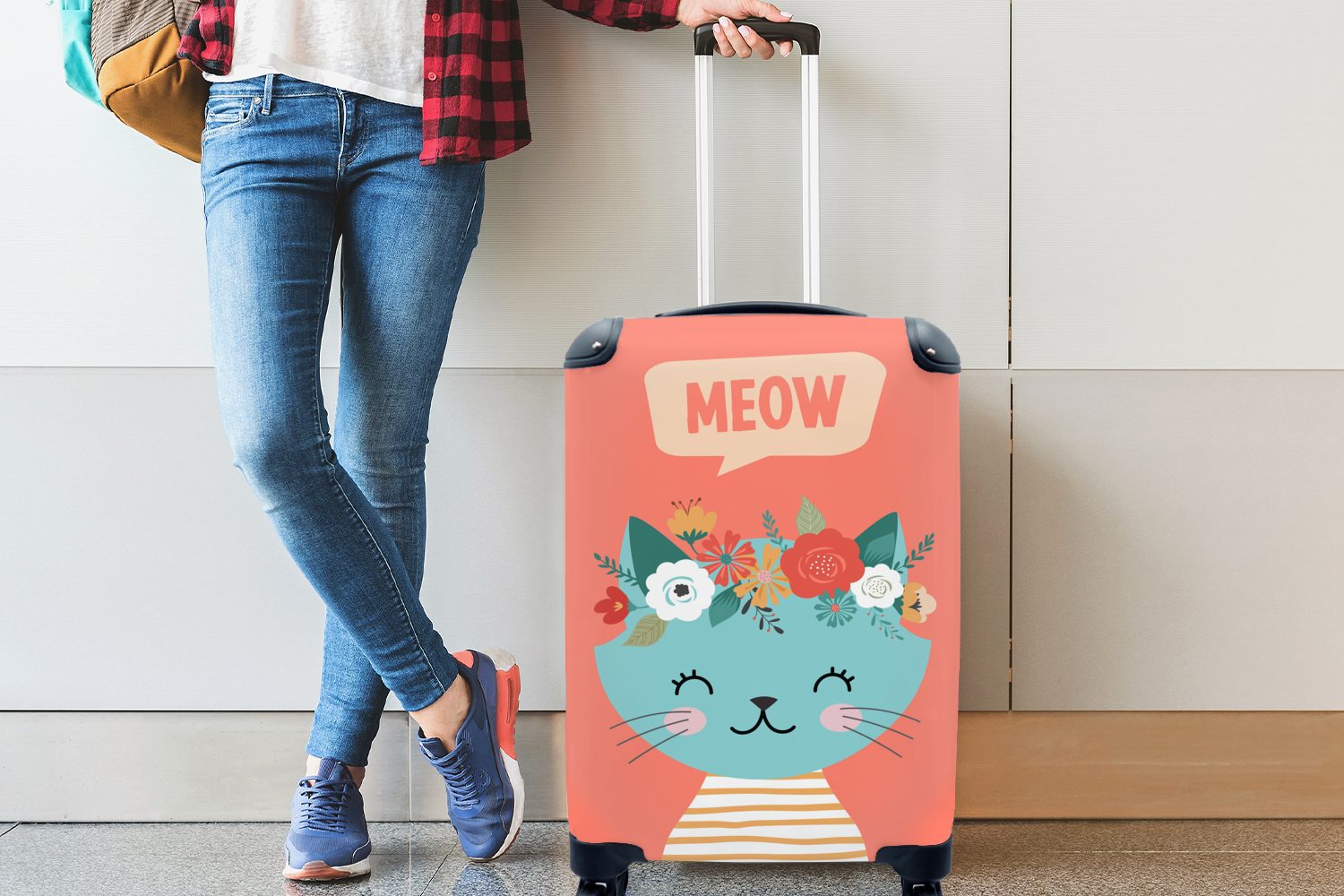MuchoWow Handgepäckkoffer Katze - Blumen Reisetasche Handgepäck mit Reisekoffer für - Blau, 4 Ferien, Rollen, Trolley, rollen