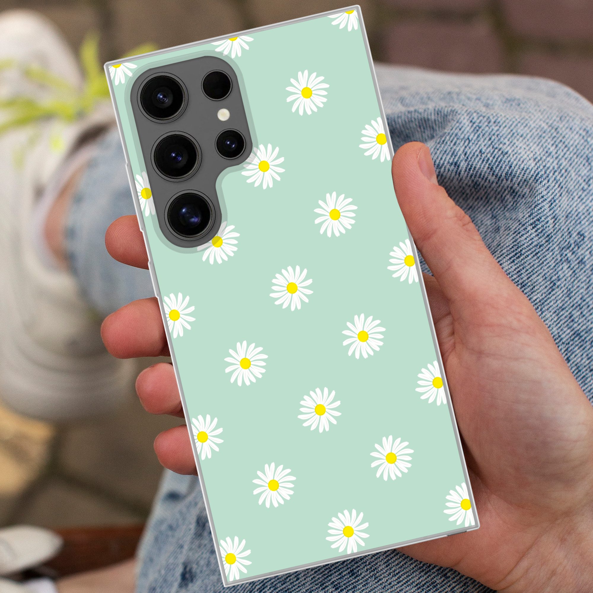 MuchoWow Handyhülle für Samsung Galaxy S24 Ultra Gänseblümchen - Pastell - Weiß - Grün - F, Phone Case, Silikon, Schutzhülle Dünn