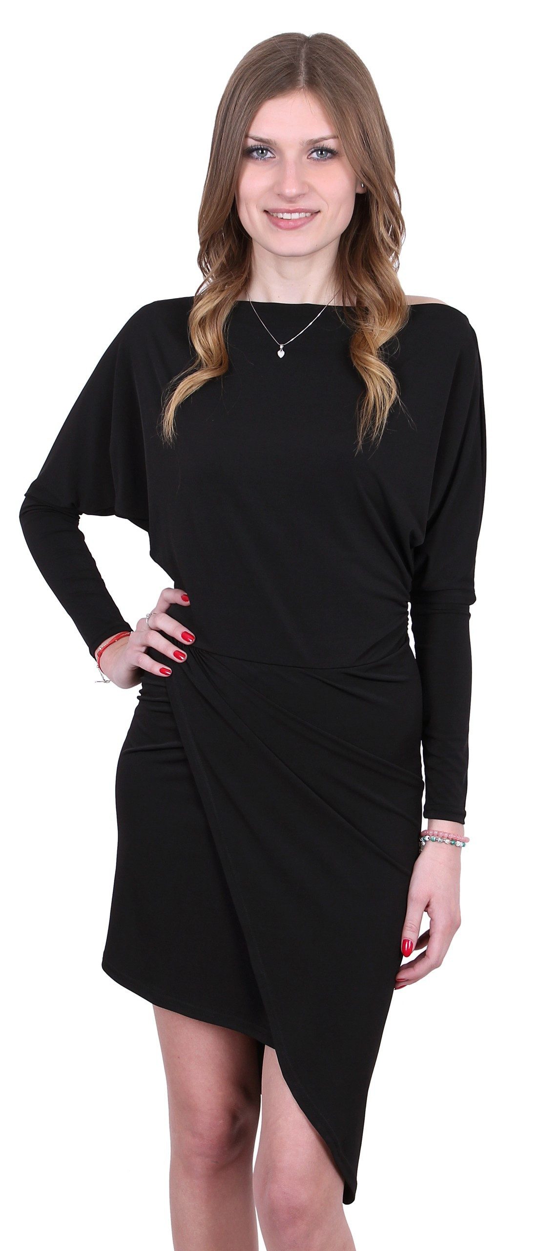 Minikleid Asymmetrisches Mini Wickel Kleid mit Raffungen Dolmanärmel Schwarz XL